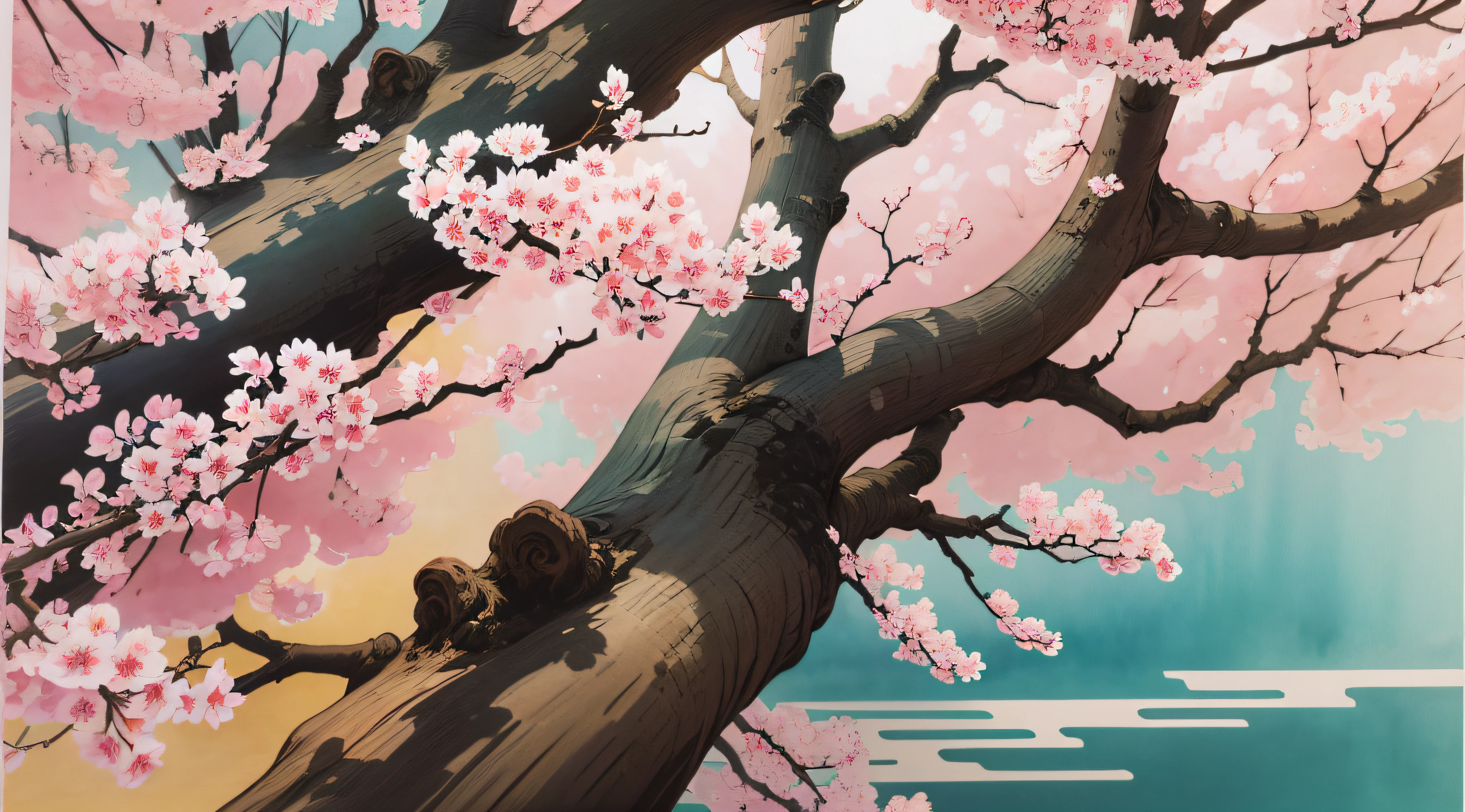 ukiyoe painting、masterpiece、top-quality、An ultra-high picture quality、4K picture quality、super precision、watercolor paiting、Illustration of cherry blossoms in full bloom、large tree、beautiful gradients、Background blur