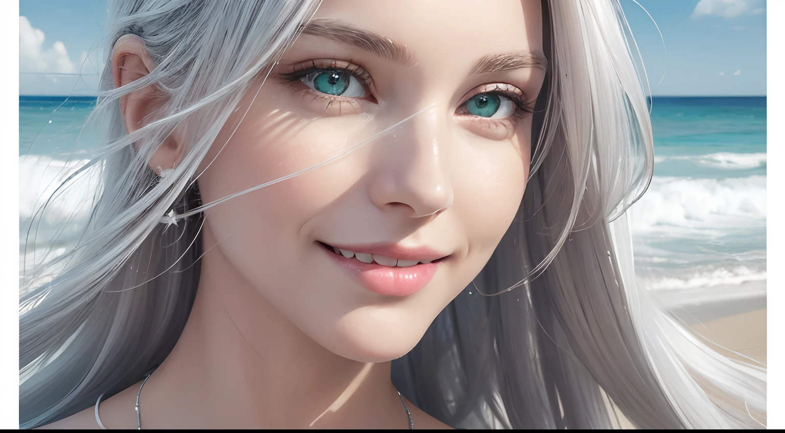 (Masterpiece, Best Quality, Photorealistic, high resolucion, photography, :1.3), (Woman in her 40s, )Close-up shots of faces, Close-up shots of faces, Close-up shots of faces,  Sharp focus, (1 Girl, A European girl, Popular models), Realistic skin, Slender body type, Big breasts, (Her long, Pure white silver hair swept to the side, extremely detailed hair), Delicate sexy face, Organoleptic gases, Sparkling lips,(green pupil),(green pupil),(green pupil), ((realisitic, A hyper-realistic, realism, realistic detailed)), (Medium Tits:1.5), (White tank top T-shirt and ripped jean shorts), (A slender waist), (slim thigh), (Small hips), (Sorrisos),  (seaside, waves, palm tree) (seaside, waves, palm tree), (Long straight hair), A woman is standing, (Sorrisos), (Sorrisos)