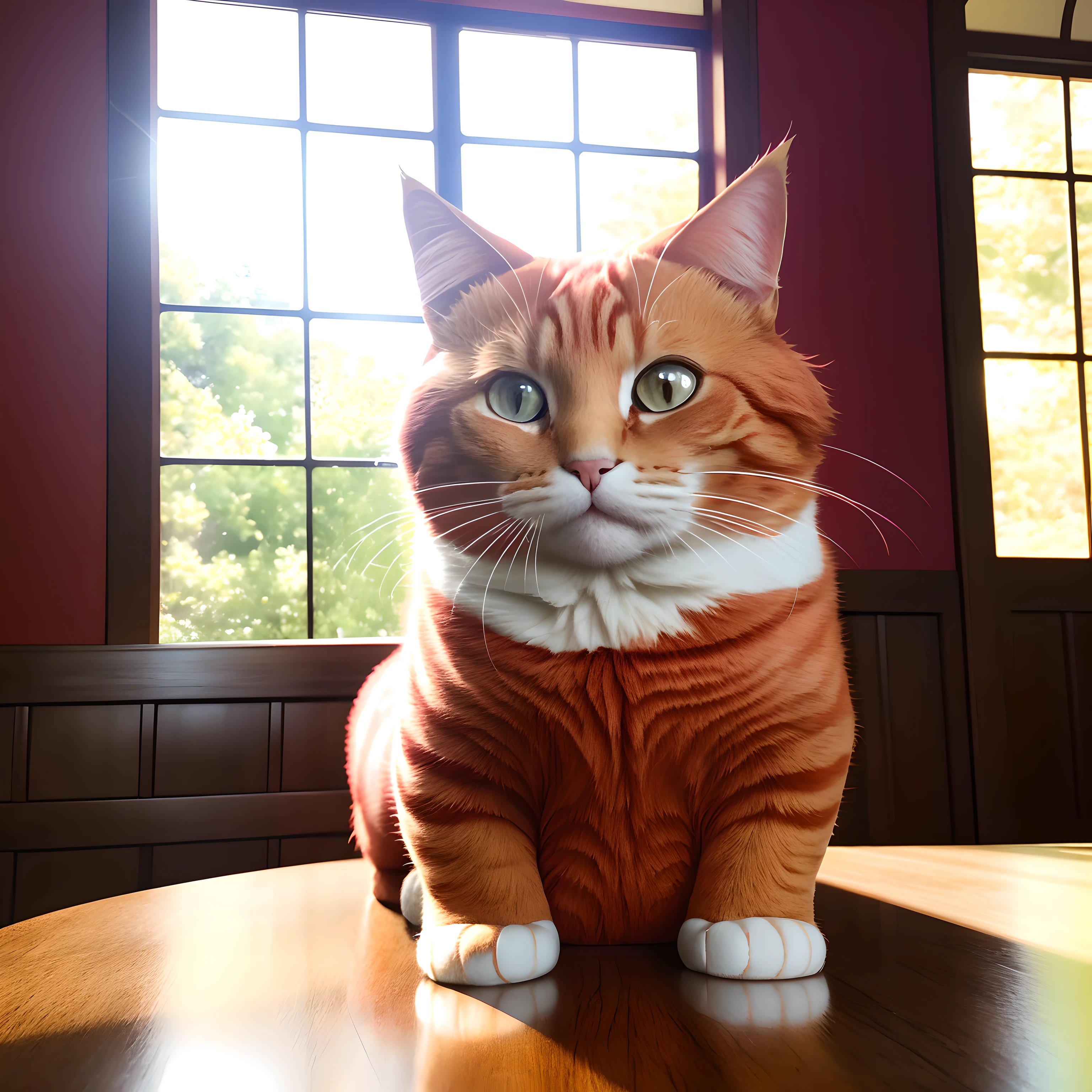 red Cat, super red color, (fat), chubby Face, super fat body, Front paws out, 8K, Professional photo, Delicate, Clear, On the table, Inside the house, Sunshine, Light Leak, Masterpiece, ((Pretty))), (Reality), Plush Toy, Round Pupils, walk, hyper realistic, hyper detail, realiatic