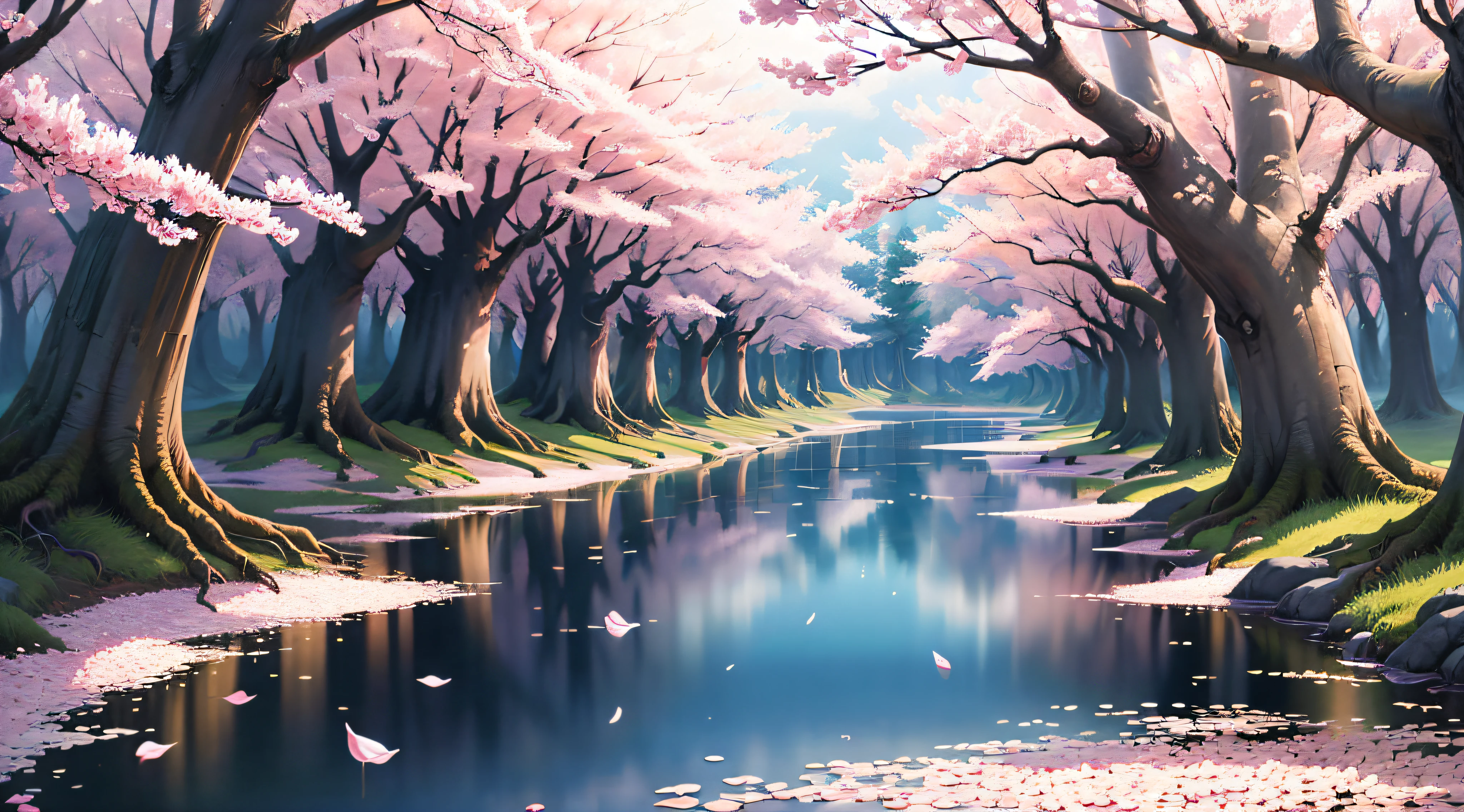 ukiyoe painting、​masterpiece、top-quality、An ultra-high picture quality、4K picture quality、super precision、watercolor paiting、Illustration of cherry blossoms in full bloom、large tree、beautiful gradients、Background blur