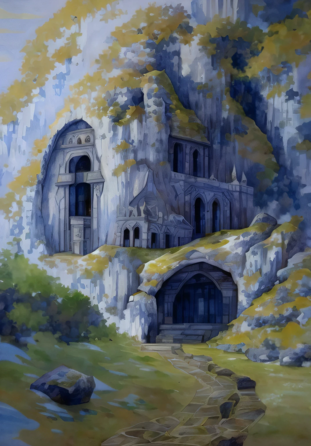 There is a painting of a dwarf fortress at the base of the mountain mountain in the background, Rivendell, elven palace of ghemathar, minas tirith, epic rivendell fantasy, cidade fortaleza da montanha, dwarven architecture, scene where she is in rivendell, elven architecture, illustration matte painting, inspirado em Ivan Bilibin