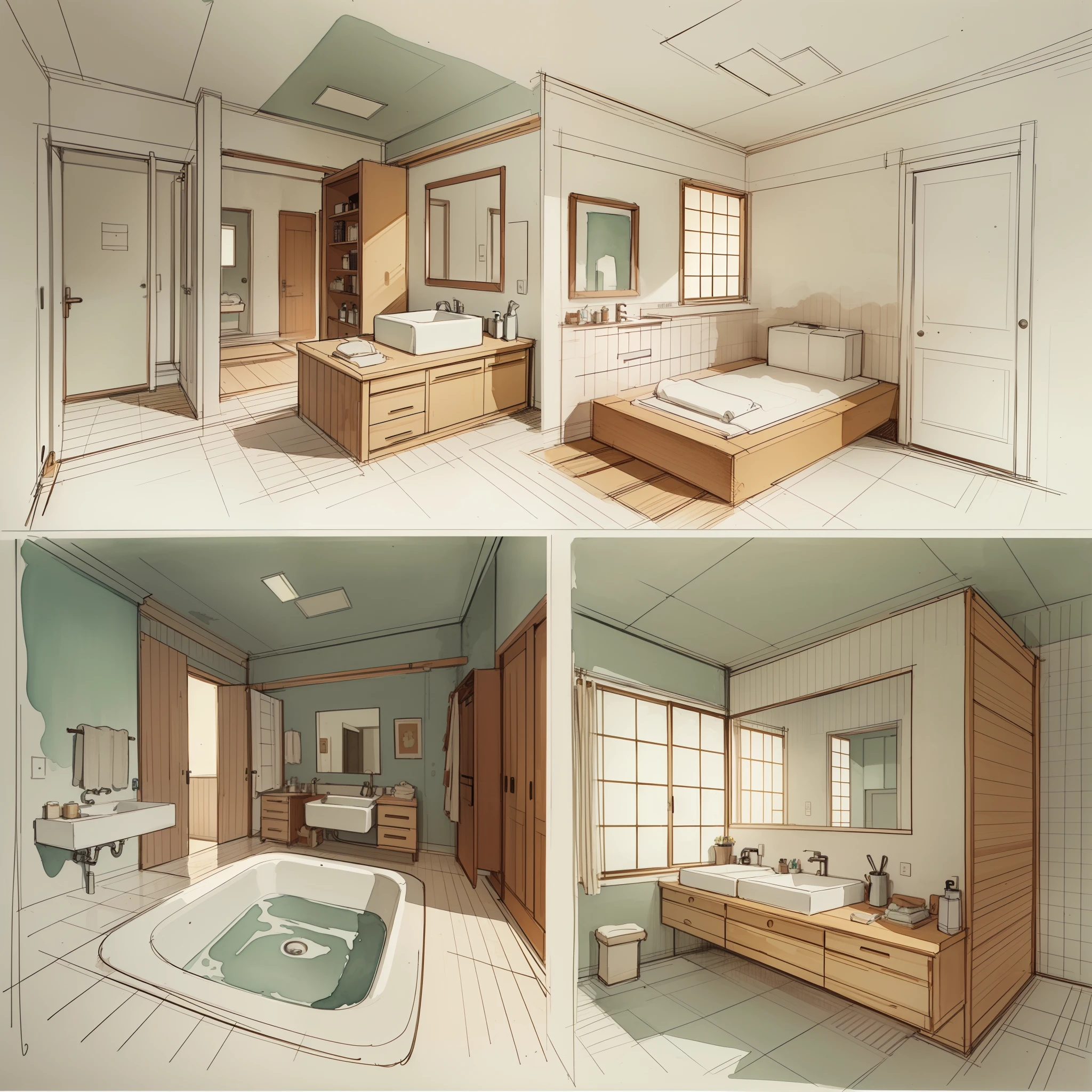 sketches of a hotel room and bathroom with a bed and a sink, a sketch by Hiroshi Honda, flickr, conceptual art, colorful architectural drawing, architectural illustration, interior design details, visual development, interior design architecture, concept art h 8 0 0, watercolor illustration style, traditional japanese concept art, furniture design sheet, architecture drawing, design sheet,