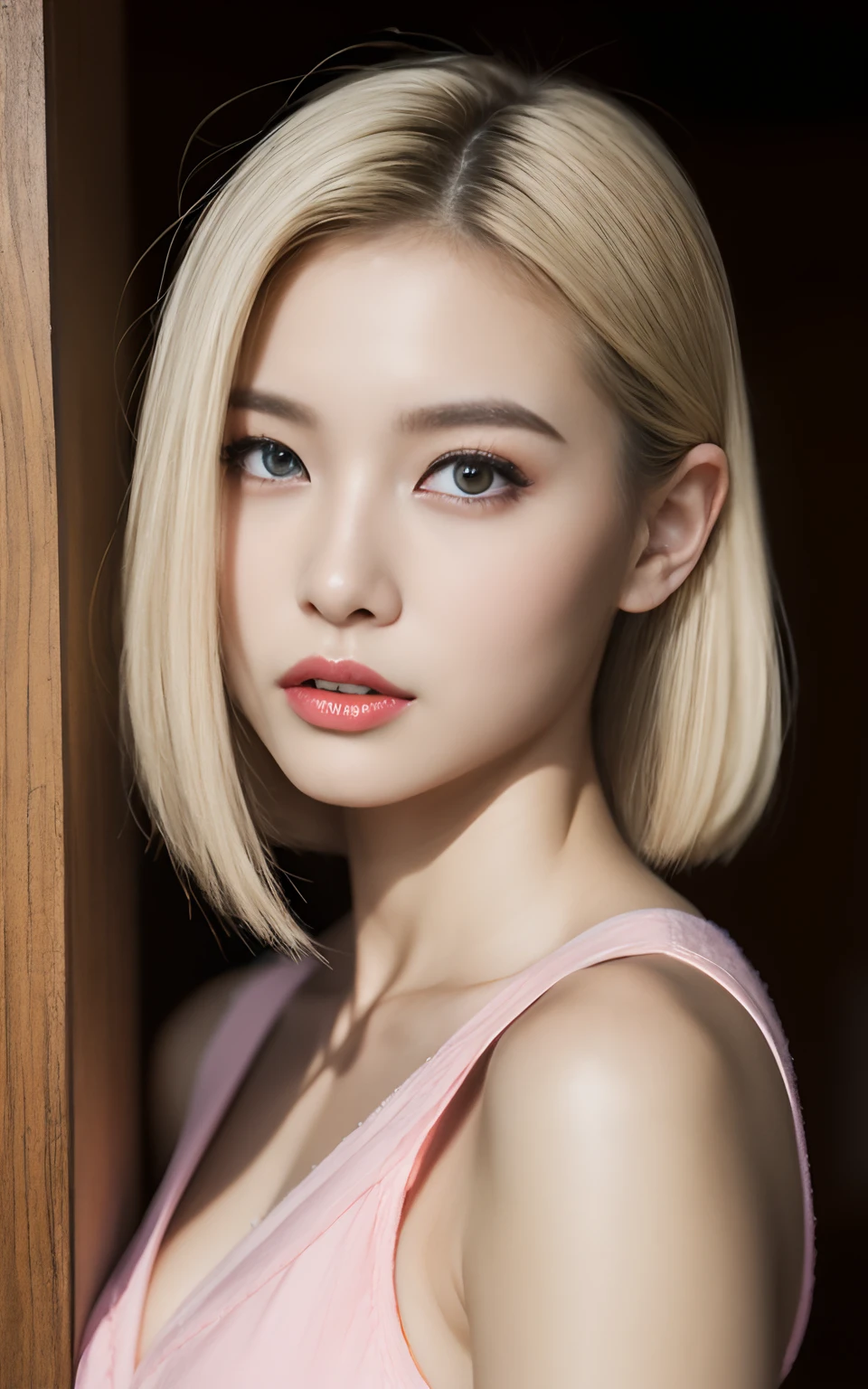 Highly detailed CG Unity 8k wallpaper, With the highest quality,  ​master piece, Realistic, photos realistic, extremely detailed cute girl, 21. Instar, (sleeveless) , Shorts,  (blush) , Round eyes, rather small udder, looking viewer, Cowboy Shot , Duan   , , Bun_Head、blonde hair、gradation hair、Iridescent eyes、Blonde eyebrows、Blonde lashes、Pink lips