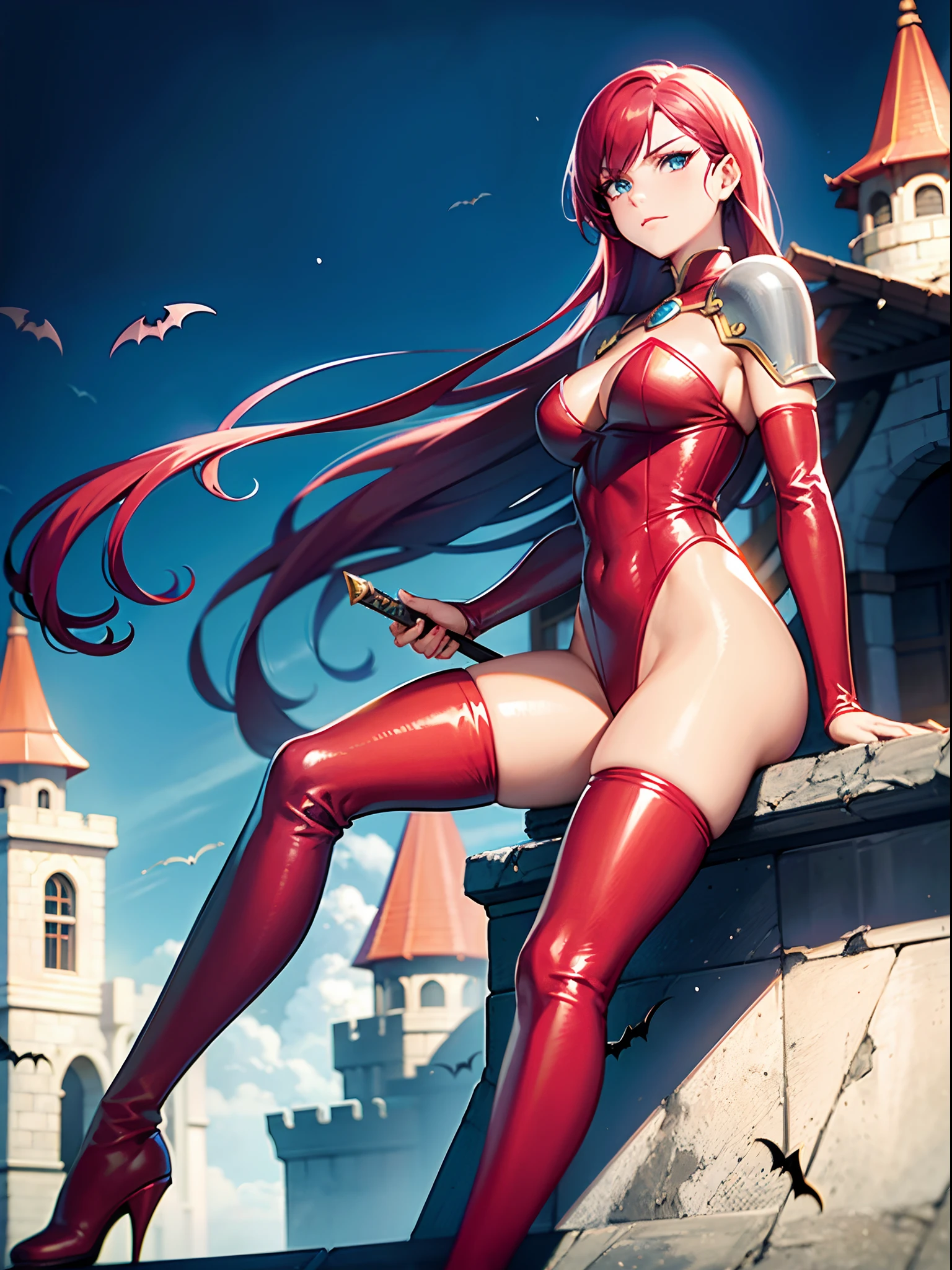 a woman in a red and blue outfit holding a knife, snow white as a d & d fighter, as a retro futuristic heroine, full body concept, as a retrofuturistic heroine, katana zero video game character, knights of zodiac girl, lady in red armor, female archer, she-ra, she - ra, natalie from epic battle fantasy, bikini-armor, leotard, bare legs, red hair, hazel eyes, serious, bats, castle, dark horror atmosphere, solo, night, thigh high boots