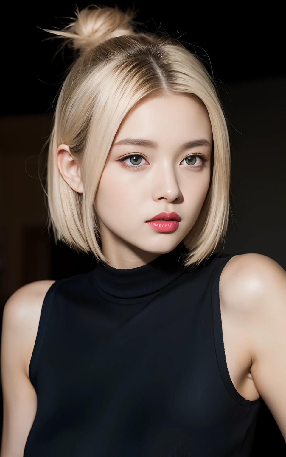 Highly detailed CG Unity 8k wallpaper, With the highest quality, master piece, Realistic, photos realistic, extremely detailed cute girl, 21. Instar, (sleeveless) , Shorts, (blush) , Round eyes, rather small udder, looking viewer, Cowboy Shot , Duan , , Bun_Head、blonde hair、gradation hair、Iridescent eyes、Blonde eyebrows、Blonde lashes、Pink lips