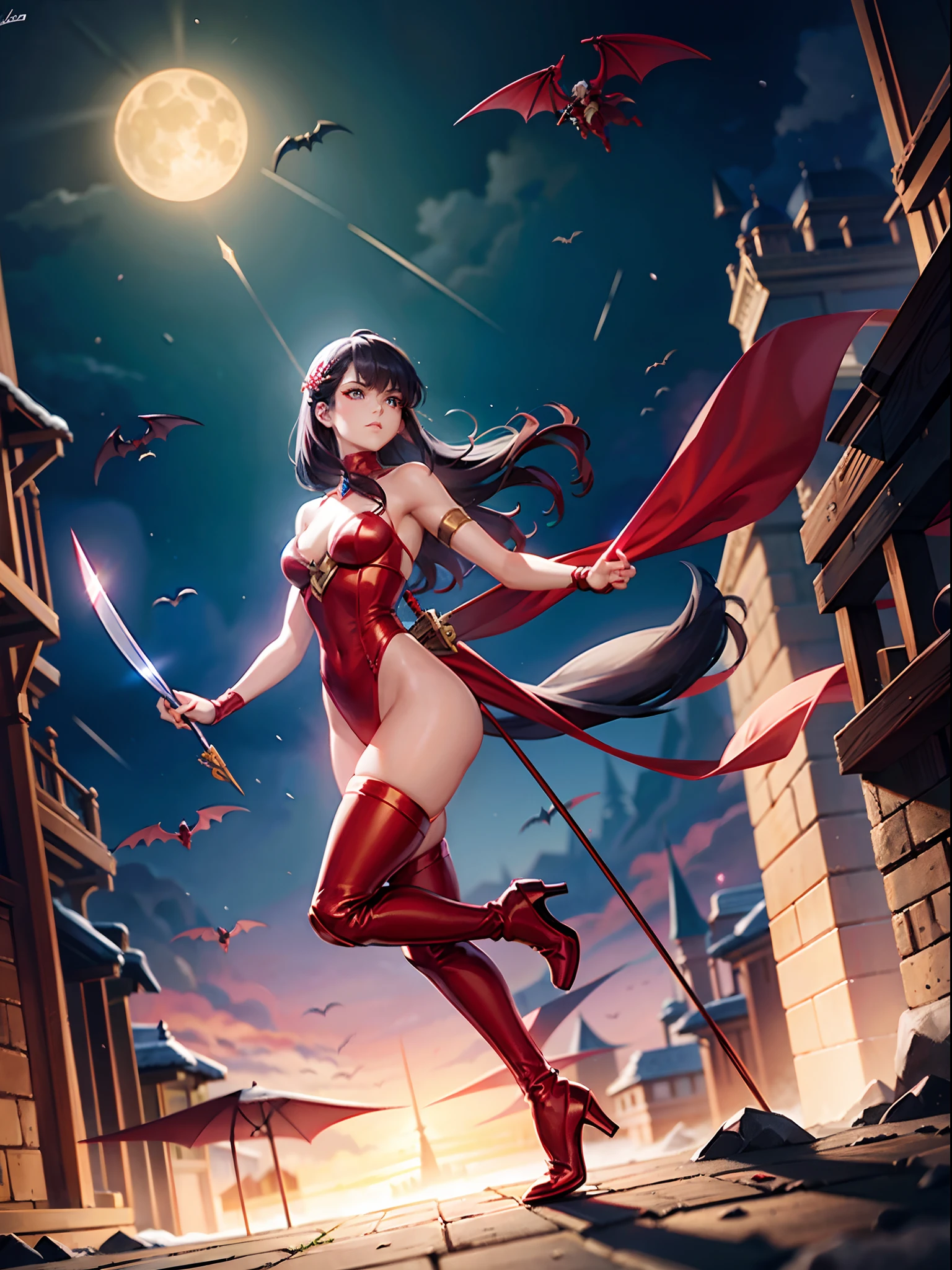 a woman in a red and blue outfit holding a knife, snow white as a d & d fighter, as a retro futuristic heroine, full body concept, as a retrofuturistic heroine, katana zero video game character, knights of zodiac girl, lady in red armor, female archer, she-ra, she - ra, natalie from epic battle fantasy, bikini-armor, leotard, bare legs, red hair, hazel eyes, serious, bats, castle, dark horror atmosphere, solo, night, thigh high boots