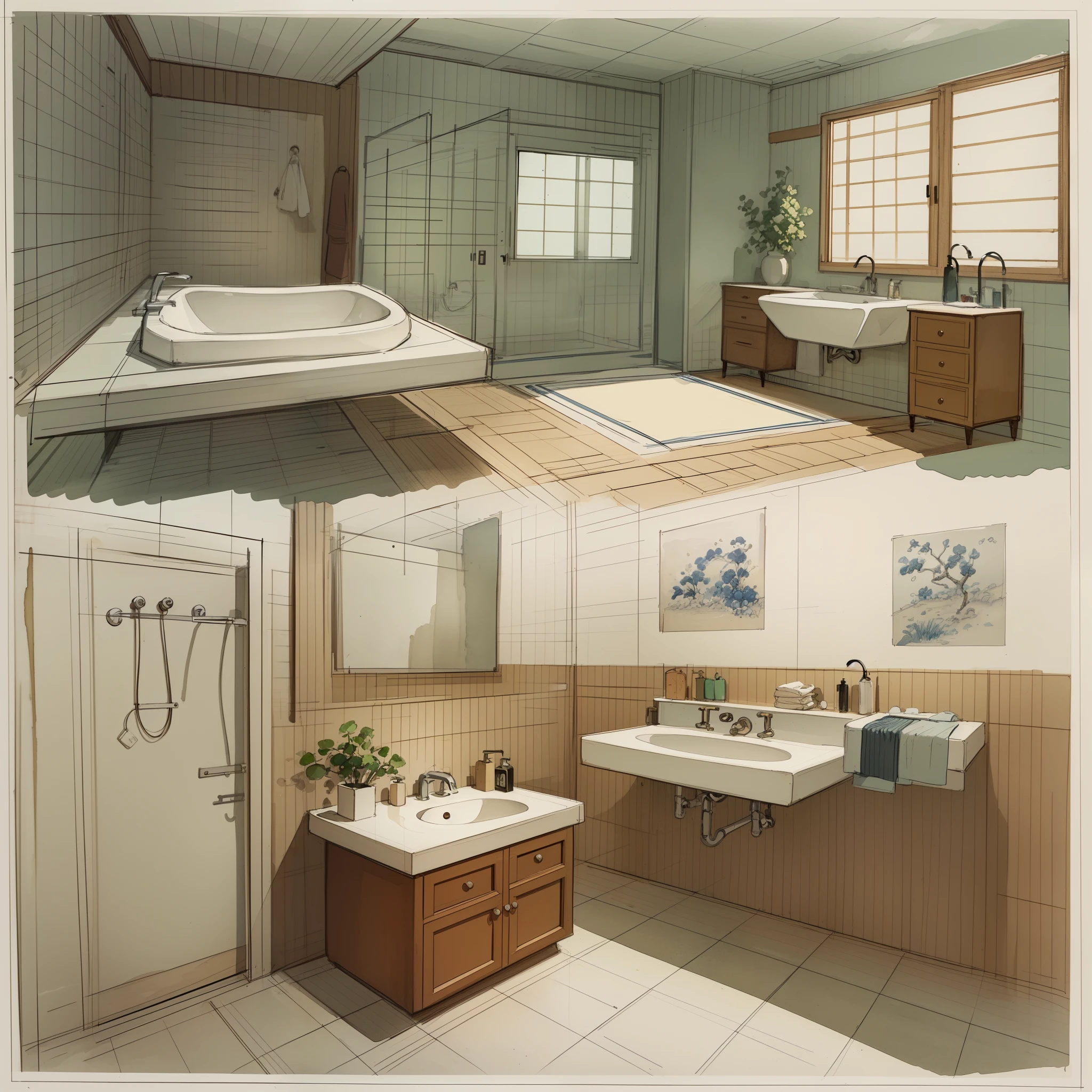 sketches of a hotel room and bathroom with a bed and a sink, a sketch by Hiroshi Honda, flickr, conceptual art, colorful architectural drawing, architectural illustration, interior design details, visual development, interior design architecture, concept art h 8 0 0, watercolor illustration style, traditional japanese concept art, furniture design sheet, architecture drawing, design sheet,