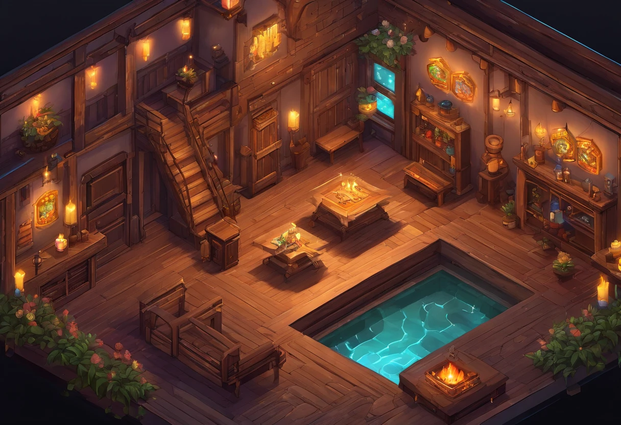 fantasy tavern interior, space tavern, rustic, artifacts on the walls, showcase artifacts, tavern patrons, dark tavern, space outside windows, space theme, ((silvery space flora, space flora)), space background, night time outside, fireplace, hearth, rainbow fire, magical fire
