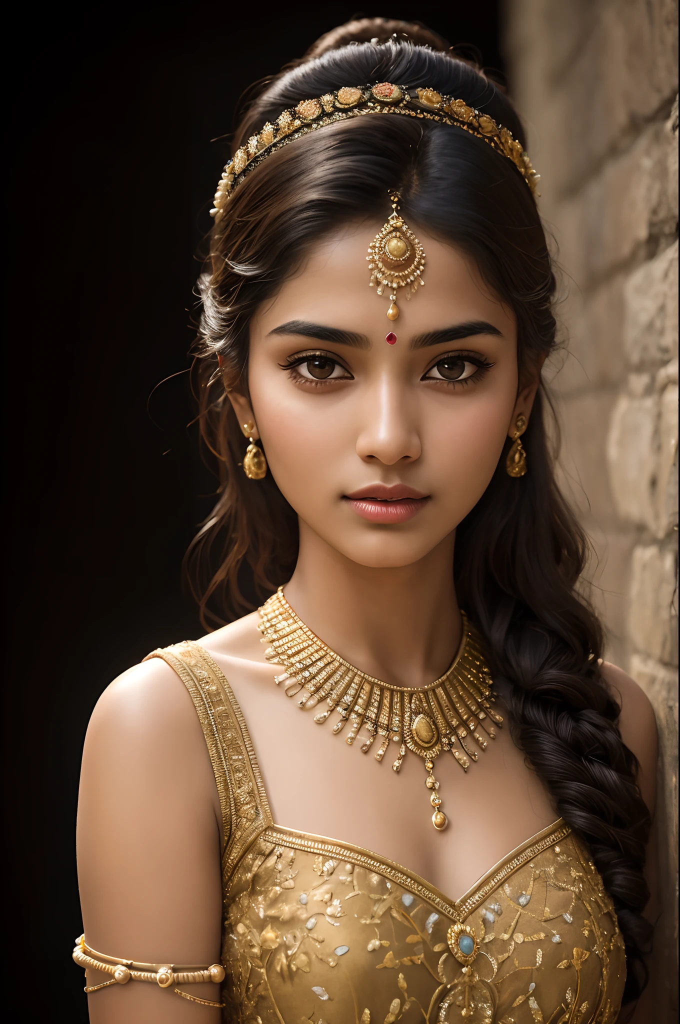 (((best image quality、highest quality、Super high quality 1.5、Super high quality 1.5、32K、8K、ticker、RAW photo、very clear image、very clear image quality、Photoreal 1.3、Super detailed 1.2, small details, High resolution, wall , Perfect dynamic structure, masterpiece, surreal,非常に詳細な CG Unity 32K wall紙,extremely detailed CG unity 32K wallpaper,realistic pictures、real human being、超High resolution、See here)))、Rhea Chakraborty as a beautiful maiden, Standing in the rain, big breasts, Long hair tied in a bun, wearing a strapless bra and see-through sarong, Wearing heavy makeup, long eyelashes, Eye mascara, wearing golden jewelry, bindi, Long Earings, paste, Arm band, bracelet, Nose ring and waist chain, wet clothes, worried look, bottom cave
