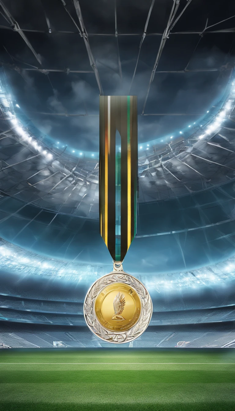 Glass round medal。 Acrylic material。Place vertically on the grass in the middle of the stadium on the runway。Athletics field。Sense of space