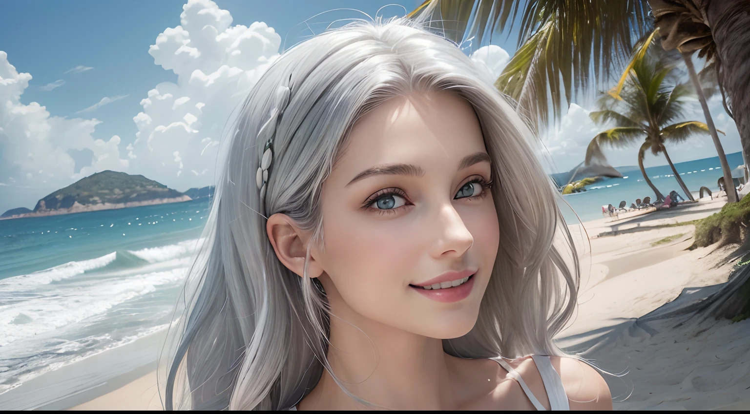 (Masterpiece, Best Quality, Photorealistic, high resolucion, photography, :1.3), (Woman in her 40s, )Close-up shots of faces, Close-up shots of faces, Close-up shots of faces, Sharp focus, (1 Girl, A European girl, Popular models), Realistic skin, Slender body type, Big breasts, (Her long, Pure white silver hair swept to the side, extremely detailed hair), Delicate sexy face, Organoleptic gases, Sparkling lips,(green pupil),(green pupil),(green pupil), ((realisitic, A hyper-realistic, realism, realistic detailed)), (Medium Tits:1.5), (White tank top T-shirt and ripped jean shorts), (A slender waist), (slim thigh), (Small hips), (Sorrisos), (seaside, waves, palm tree) (seaside, waves, palm tree), (Long straight hair), A woman is standing, (Sorrisos), (Sorrisos)