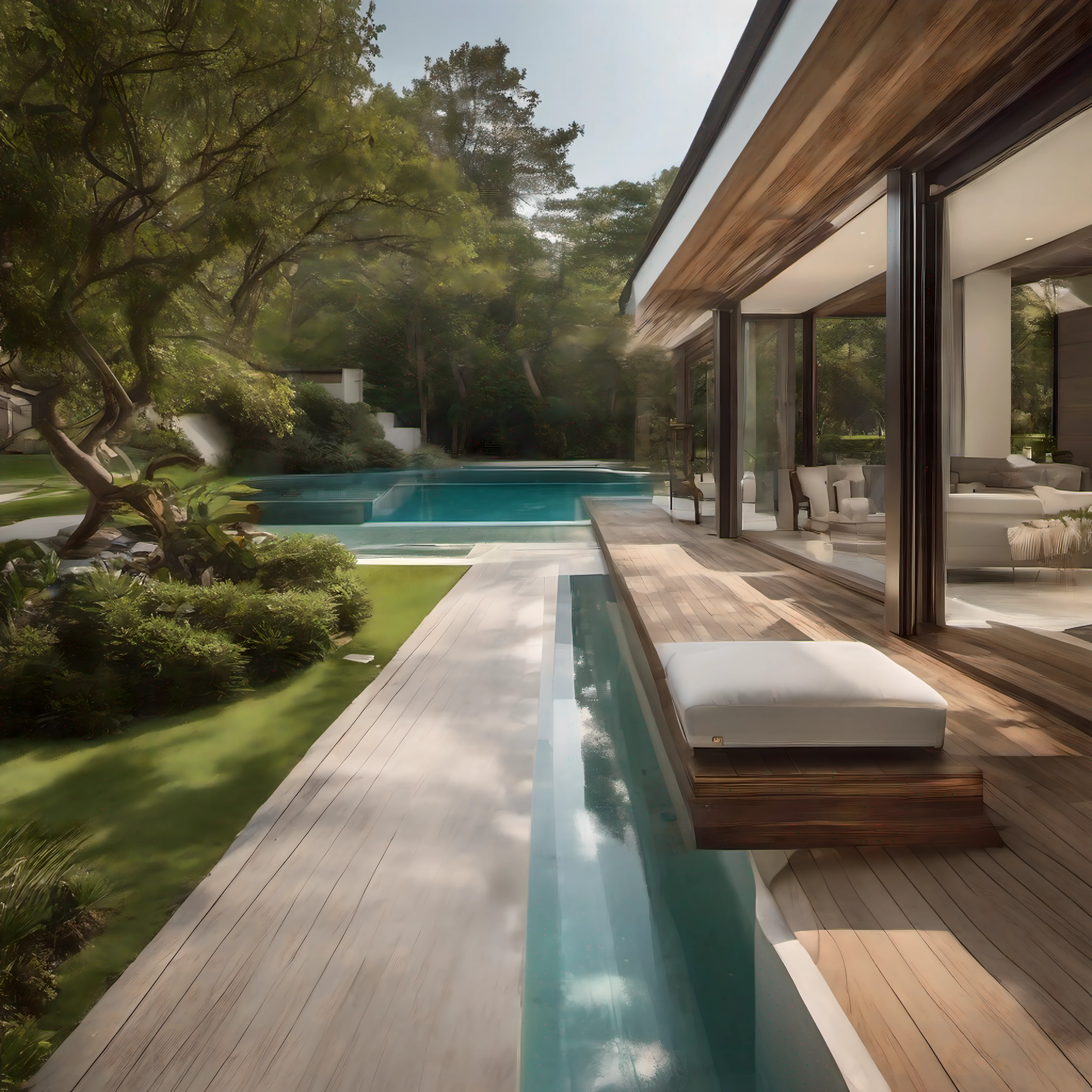 a view of a pool and patio area with a wooden deck, award-winning masterpiece, villa, well-designed masterpiece, sit on the edge of swimming pool, crisp smooth clean lines, exterior photography, next to a tropical pool, crisp smooth lines, immaculately detailed, masterpiece work of art, infinity concentric pool, swimming pool in front, perfectly detailed