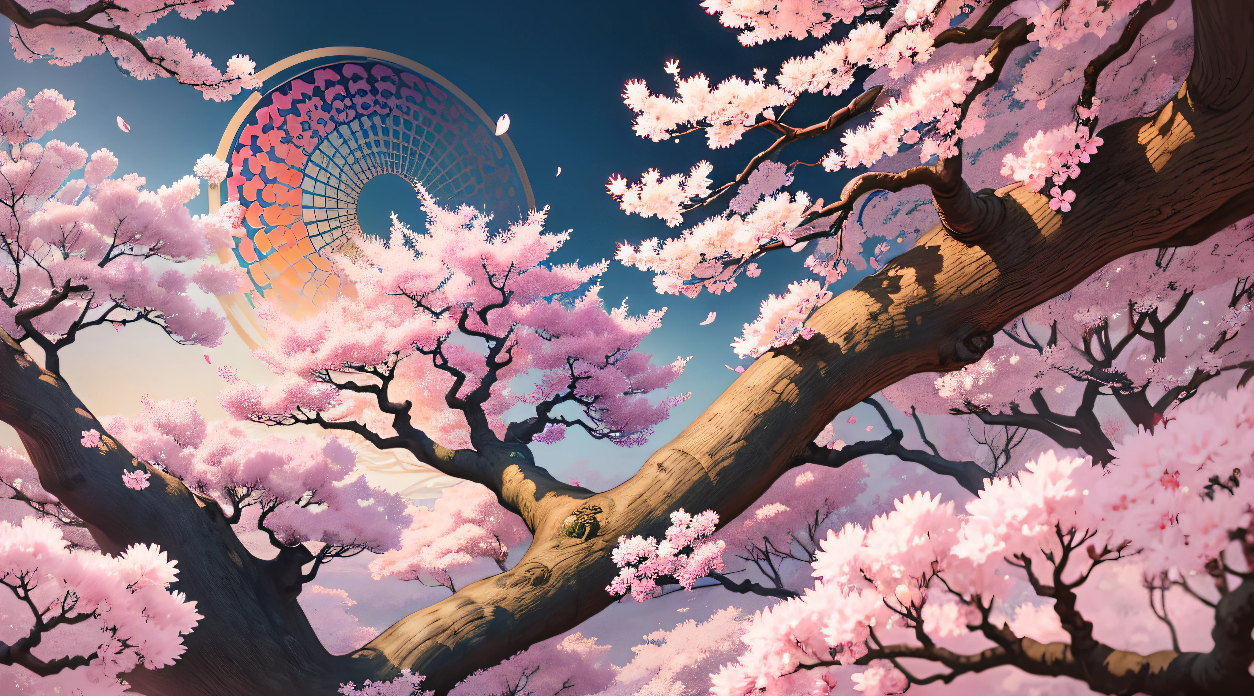 ukiyoe painting、​masterpiece、top-quality、An ultra-high picture quality、4K picture quality、super precision、Illustration of cherry blossoms in full bloom、large tree、beautiful gradients、Background blur