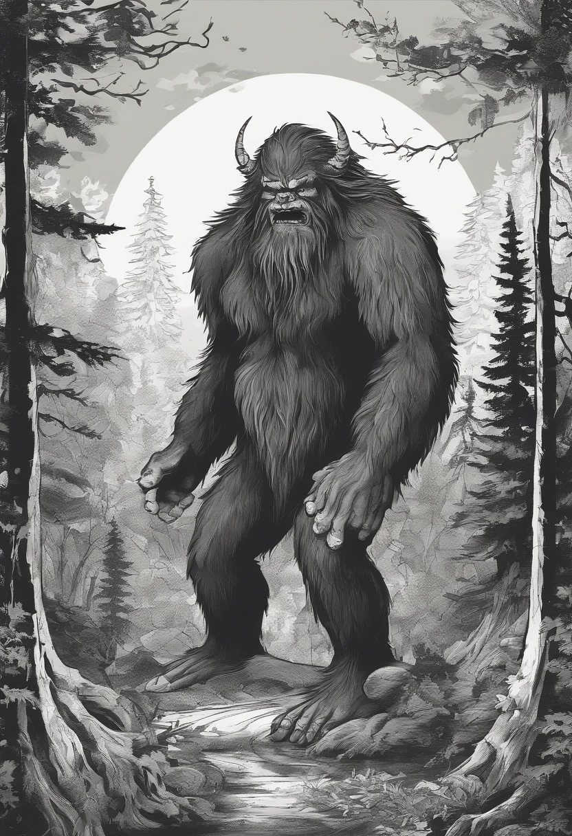 a cartoon of a bigfoot monster with horns and horns, concept art inspired by Kōno Michisei, shutterstock, furry art, werewolf?, stunning sasquatch, sasquatch, realistic creature concept, angry sasquatch, bigfoot, ominous creature hiding detailed, furry friendly monster, stupid idiot cryptid, werewolf man, ( sasquatch, werewolf