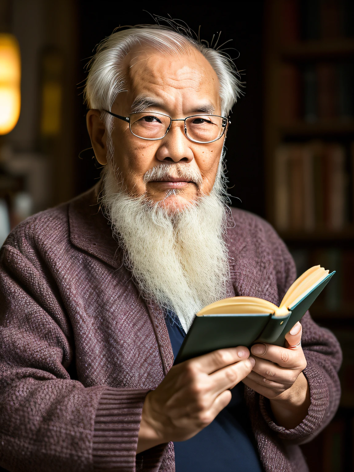 Hyper-Resolution, Ultra photo realsisim, cinema shot, An 80-year-old Asian father，Look at the viewer，Elderly father，Books in hand,Spiritual old man,Single image， Short white hair，White Viking beard,  Wide shoulders,  High focal length, Bust photo，Faraway view，Digital SLR, Dark Studio, rim lit, twotonelighting, Dimly lit, low tune, Backlight,