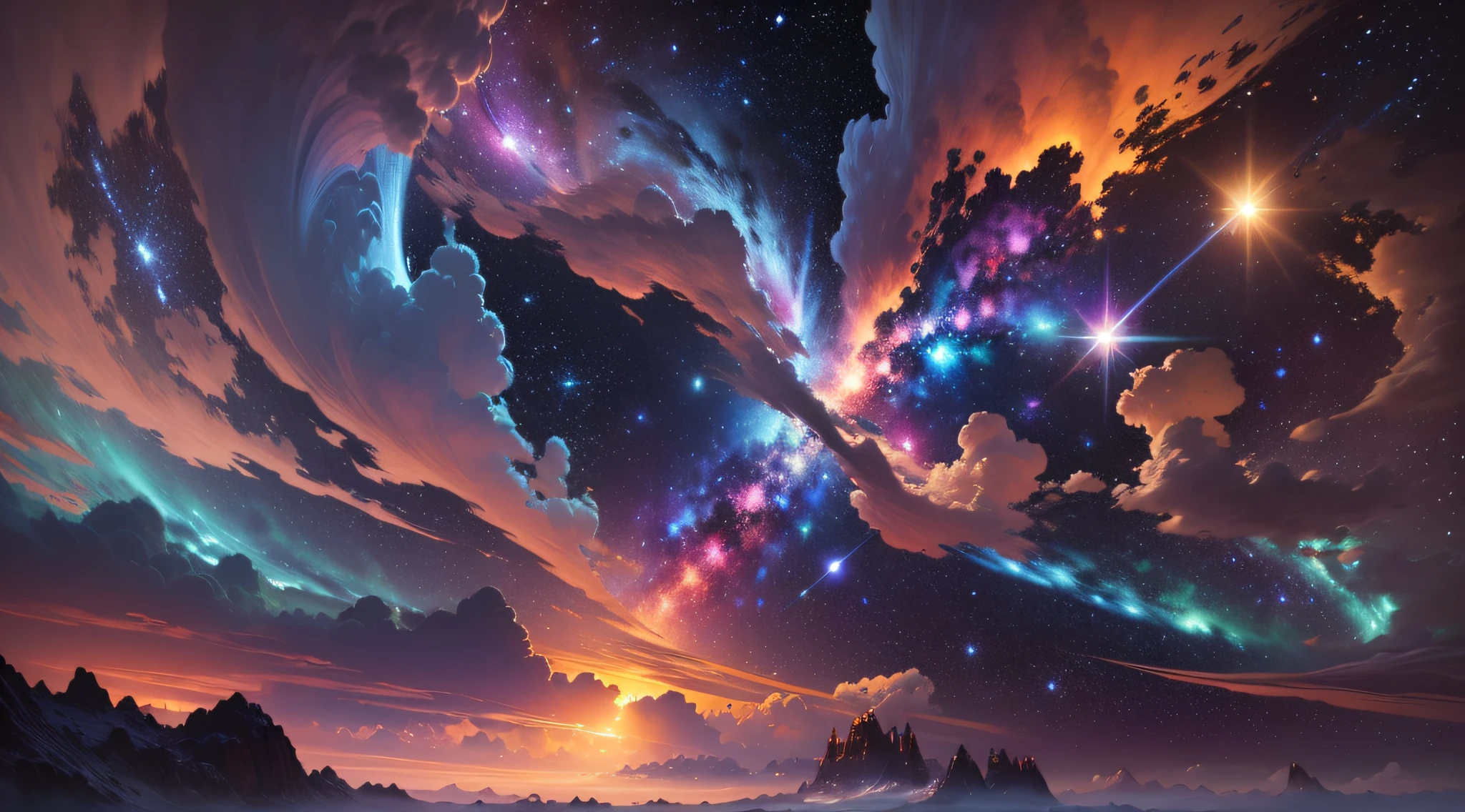 Create stunning 4K wallpapers，Transports viewers to the fascinating celestial universe. Imagine vast deep space, Filled with spinning galaxies, glittering stars, and distant nebulae. The scene should be full of bright colors, From dark blues and purples to fiery oranges and bright golds. Add soft, Rolling clouds float gently on the cosmic background, Add an ethereal touch to the composition. When you paint a magnificent picture of the infinite wonders beyond our world，let your imagination soar, High details, Best quality, A high resolution, 1080p, HD, 4K, 8K, 16k