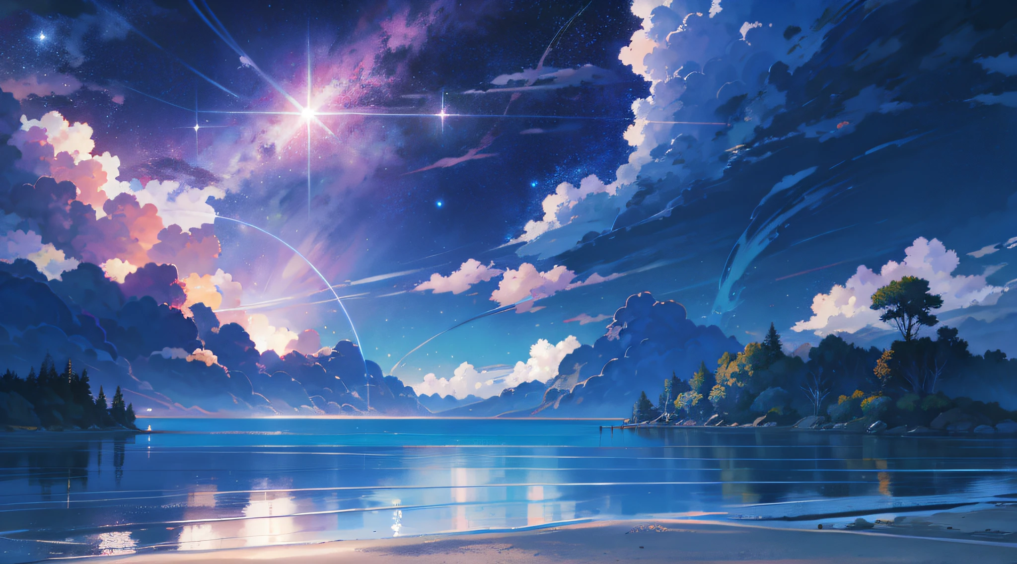 Seaside view, Starry sky, No Man, scenery, beautiful anime scenes, Anime Sky, Healing, unwind, Relax, Peace of mind, Fantastical, Photorealistic, Masterpiece, Best quality, Sharp focus, 4K