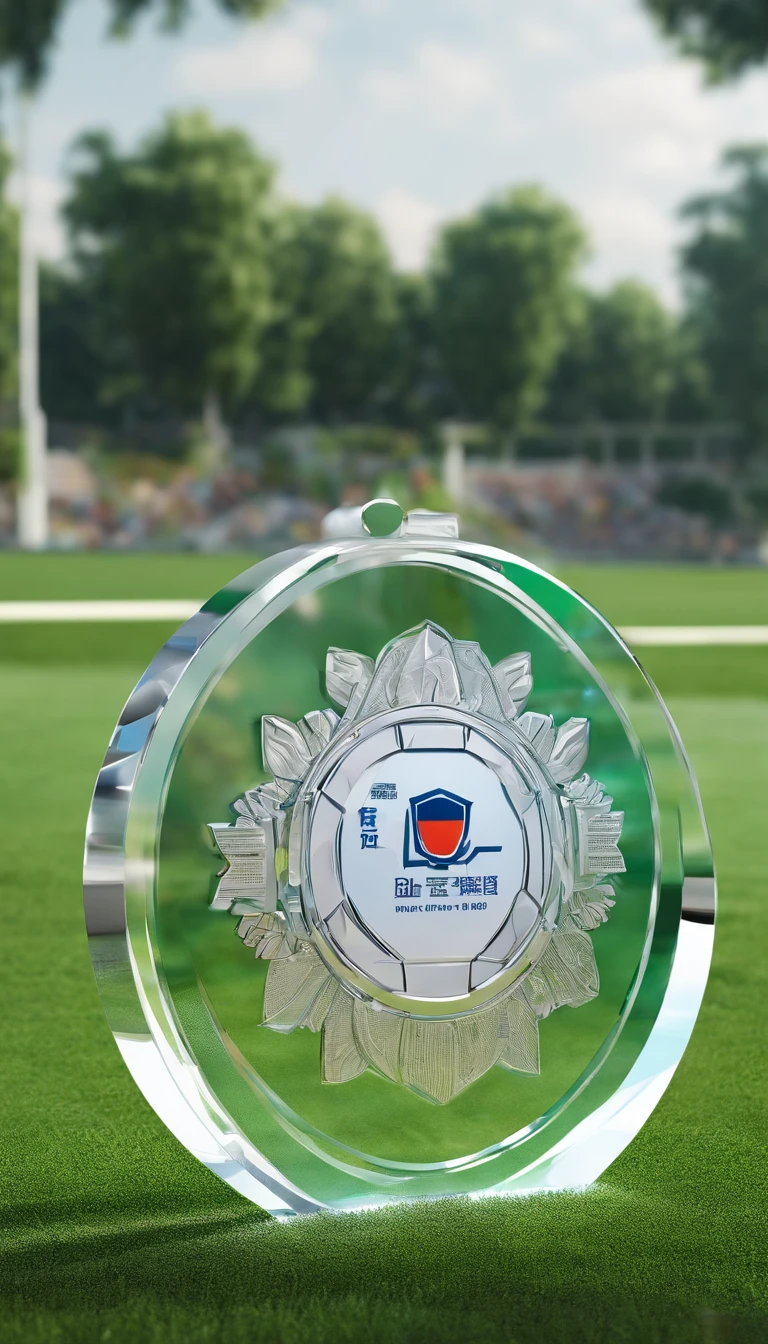 Glass round medal。 Acrylic material。Place vertically on the grass in the middle of the stadium on the runway。Athletics field。Sense of space