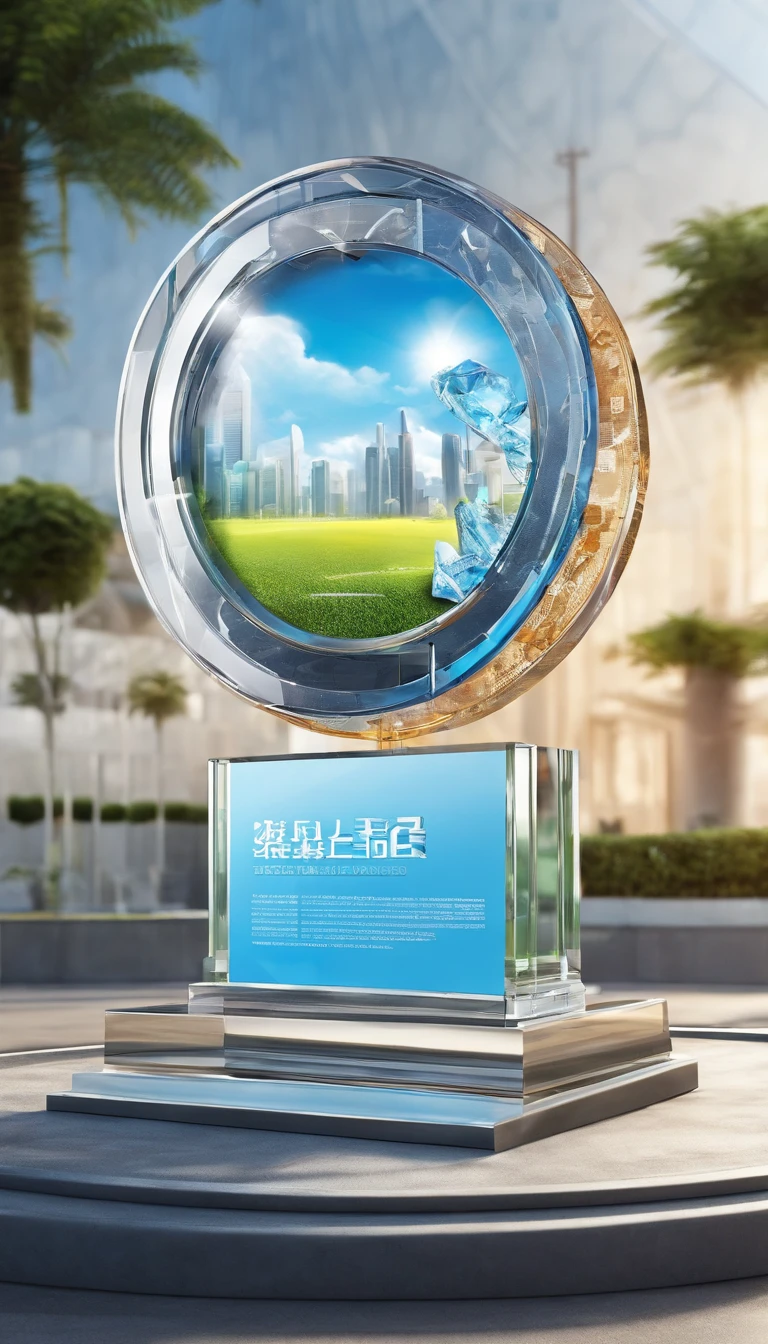 Glass round medal。  Acrylic material。Place vertically on the grass in the middle of the stadium on the runway。Athletics field。Sense of space