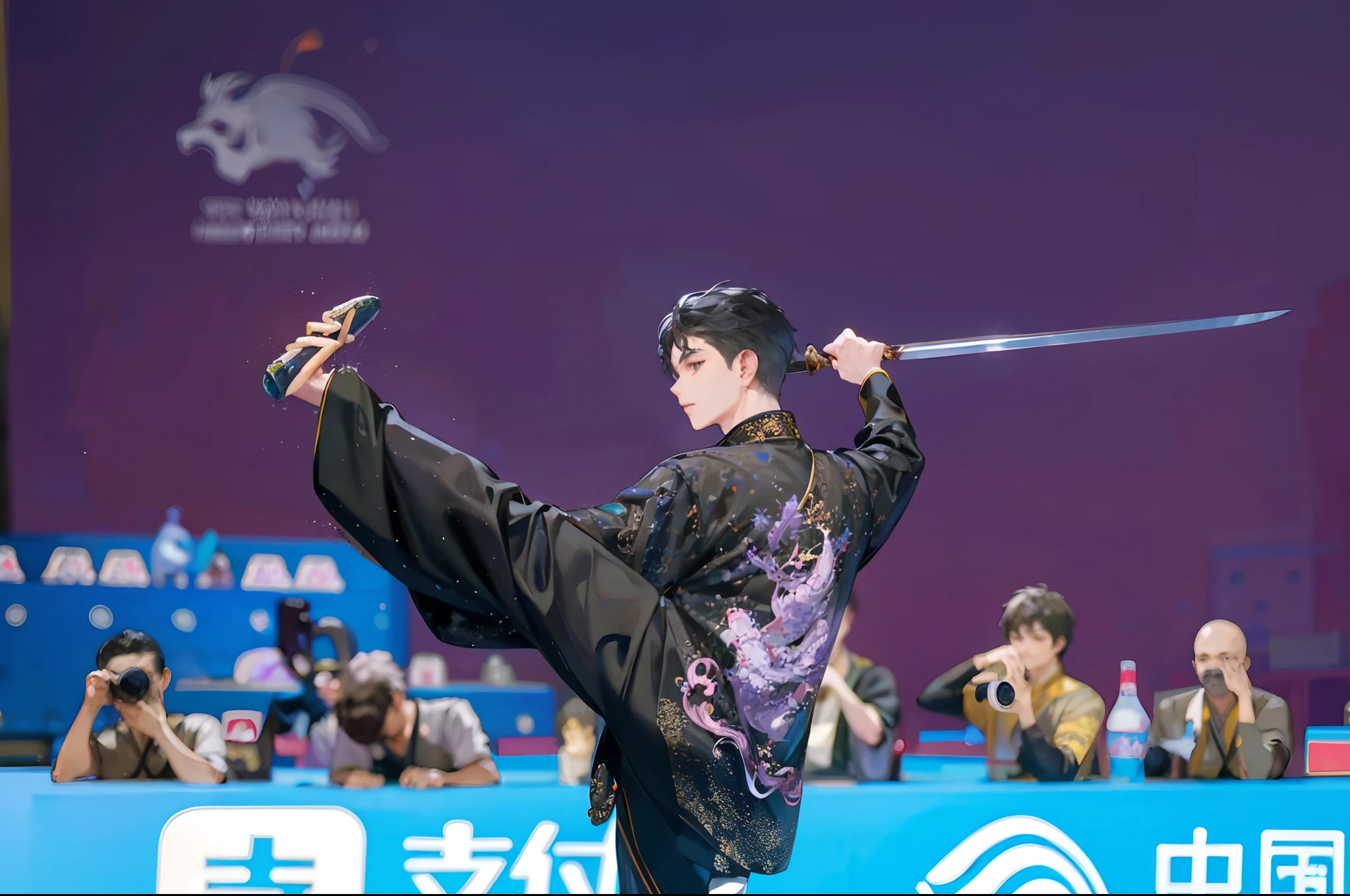 Young men,Wearing black traditional Chinese Tai Chi costumes,There are purple dragon embroidery on the back of the clothes,Long sword in hand