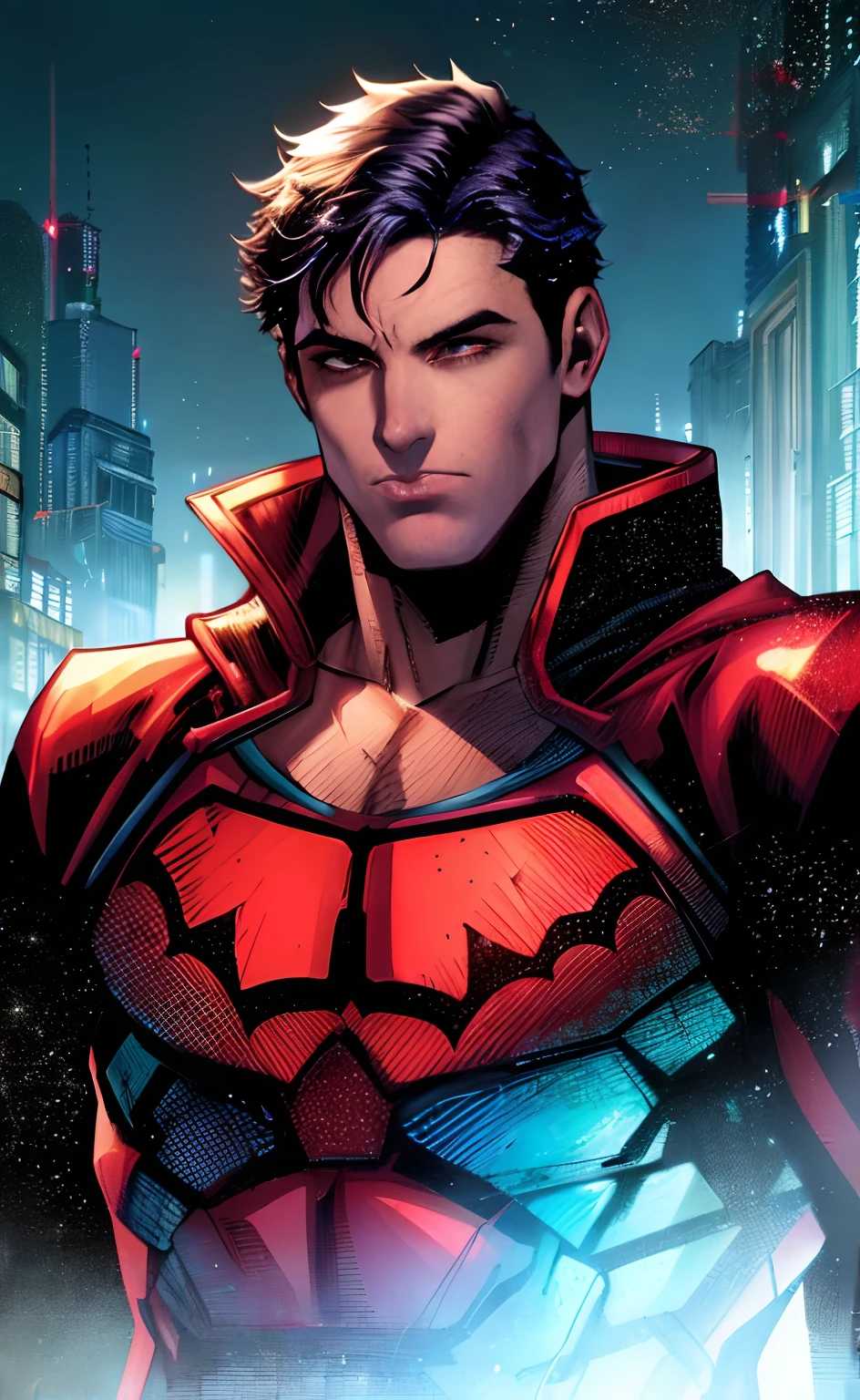 1boy, dark scene, portrait of Jason Todd(Red Hood) standing in an alley, unmask, athletic, , bat signal, mist, particles, male focus, muscular, muscular male, night, outdoors, serious, dark armosphere, detailed background, looking at viewer, face to camera, jim lee,