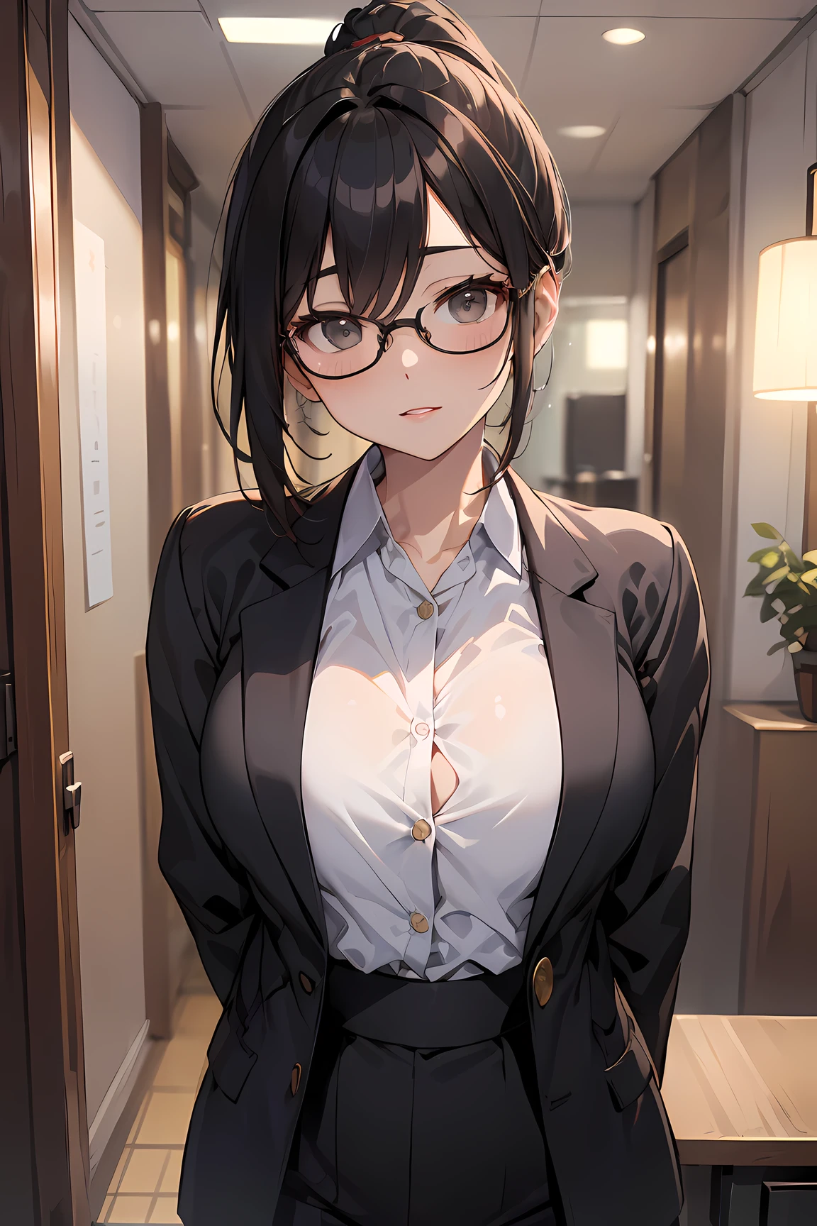 high resolution, Photo of a beautiful woman detailed_face,
young handsome girl,realistic:0.5, perfect skin, (wearing a glasses:1.5), (ultra-detailed background, detailed background), bokeh, make happy expressions, happy emotion, gorgeous,pure, beautyfull detailed face and eyes,breasts,
(black eyes:1.1), (a extremely pretty and beautiful Japanese woman), (sexy girl), (professional attire:1.3), (22 years old: 1.1),
(arms down:1.3),
BREAK
breasts, (secretary outfit:1.2), (dark-grey pin-striped suit jacket:1.2), (dark-grey pin-striped suit pants:1.2), (black pin-heels:1.2), (tuck-out jeacket:1.5), Insanely detailed outfit, beautiful detailed skin, (cute:1.2), ((K-pop idol)), (upper thigh:0.6), (depth of field),soft light, Lens Glow
looking at viewer, (Drooping eyes:1.2), straight teeth, smile, floating hair, brown eyes,
BREAK
movie scene, cinematic, full colors, 4k, 8k, 16k, RAW photo, masterpiece, professionally color graded, professional photography,
hair up, consider, soft clean focus, realistic lighting and shading, (an extremely delicate and beautiful art)1.3, elegant,active angle,dynamism pose
BREAK
(ponytail:1.3), (shiny-black thin hair:1.2), bangs, dark brown eyes, beautiful eyes, princess eyes, (big eyes:1.3), bangs, wearing a glasses:1.3, Hair between eyes, short hair:1.3, (slender:1.1), (medium-breasts:0.95), (thin waist: 1.15), (detailed beautiful girl: 1.4), Parted lips, Red lips, full-make-up face, (shiny skin), ((Perfect Female Body)), (upper body image:1.3), Perfect Anatomy, Perfect Proportions, (most beautiful Korean actress face:1.3, extremely cute and beautiful Japanese actress face:1.3), (1glasses girl:1.3, solo), (blush:1.1), gray background, solo focus, (bust shot:1.2),
cinematic light, (nostalgic night scene:1.4), (office room:1.4), the vibrant glow of neon lights, (looking at viewer:1.2),