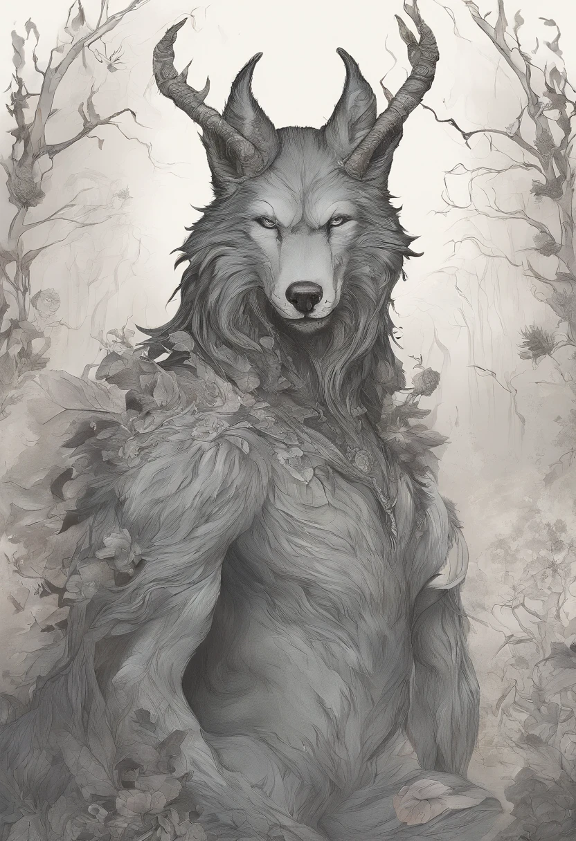 a cartoon image of a wolf with horns and a tail, concept art inspired by Samuel Hieronymus Grimm, reddit, sots art, wendigo, the wendigo, a minotaur wolf, a humanoid mosquito wolf, an anthropomorphic wolf, a humanoid thistle monster, male djinn man demon hybrid, an anthropomorphic deer