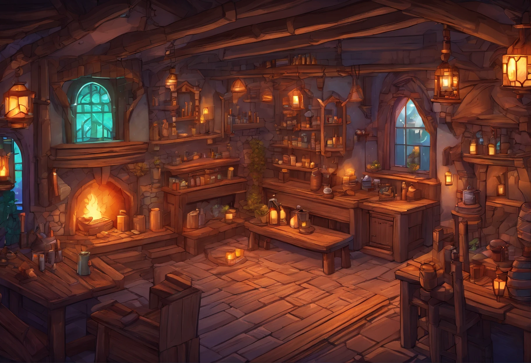 fantasy tavern interior, space tavern, rustic, artifacts on the walls, showcase artifacts, tavern patrons, dark tavern, space outside windows, space theme, ((silvery space flora, space flora)), space background, night time outside, fireplace, hearth, rainbow fire, magical fire