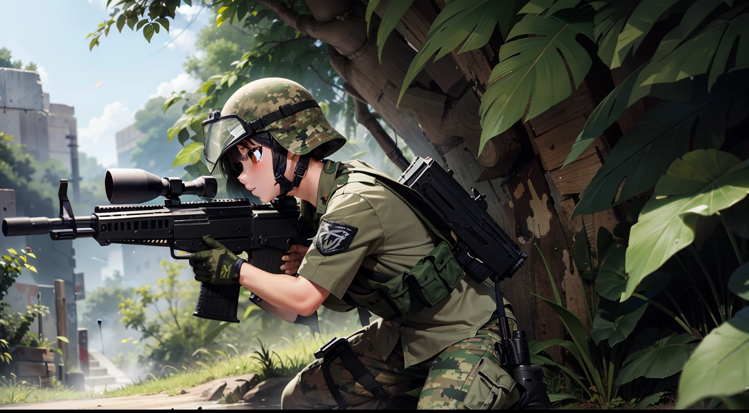 camouflage, CQB, CQC, assault rifle, battle girl, muzzle flash, in jungle