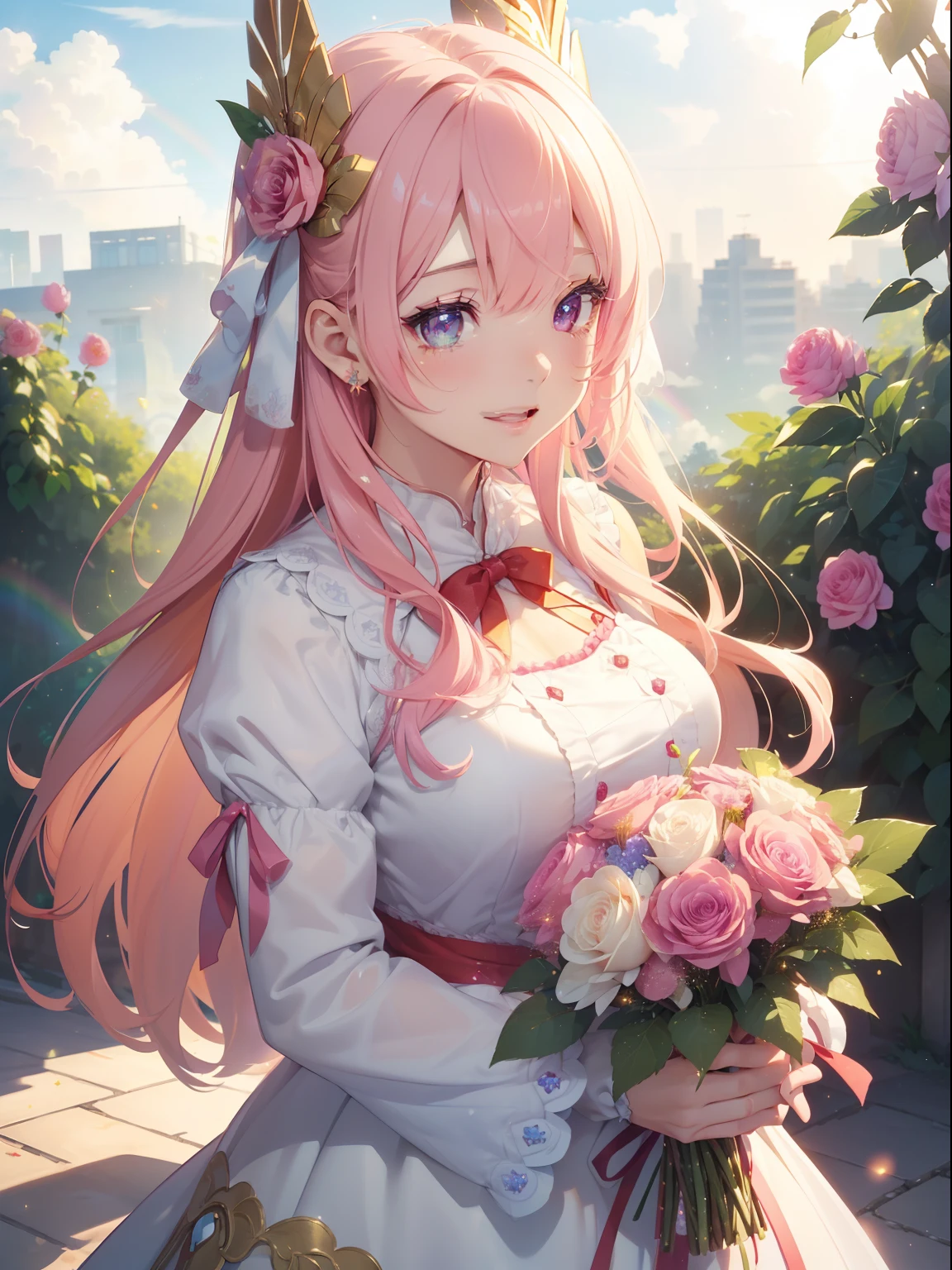 masutepiece, High resolution, 8K, anime woman, Delicate and detailed writing 、Detailed digital illustration、Very long hair and shiny、Bangs、a very beautiful woman、Eyes are double, Large, Bust is D cup、High image quality, High quality、Detailed background、(((Wearing idol clothes)))、((Colorful flower garden、Very beautiful background of clouds and rainbow in the sky))、(The inside of the eye shines like a diamond、Light pink hair、Gradient pupil、(((2 arms、4 fingers, 1 thumb)))、Detailed female face、Very beautiful and cute woman、、细致背景、masterpiece、Soft Focus , Bright gradient watercolor , Lens Flare , (((Glitter))) , Glow , Dreamy , 、Less exposure、Nothing at hand、Idol、Pink ribbon、Very beautiful red rose hair accessories、Pink and gold outfit、White is the main costume、((Laughing))、((Macro for the eyes))、Happy、A lot of colorful balloons are flying、((Have a colorful bouquet))