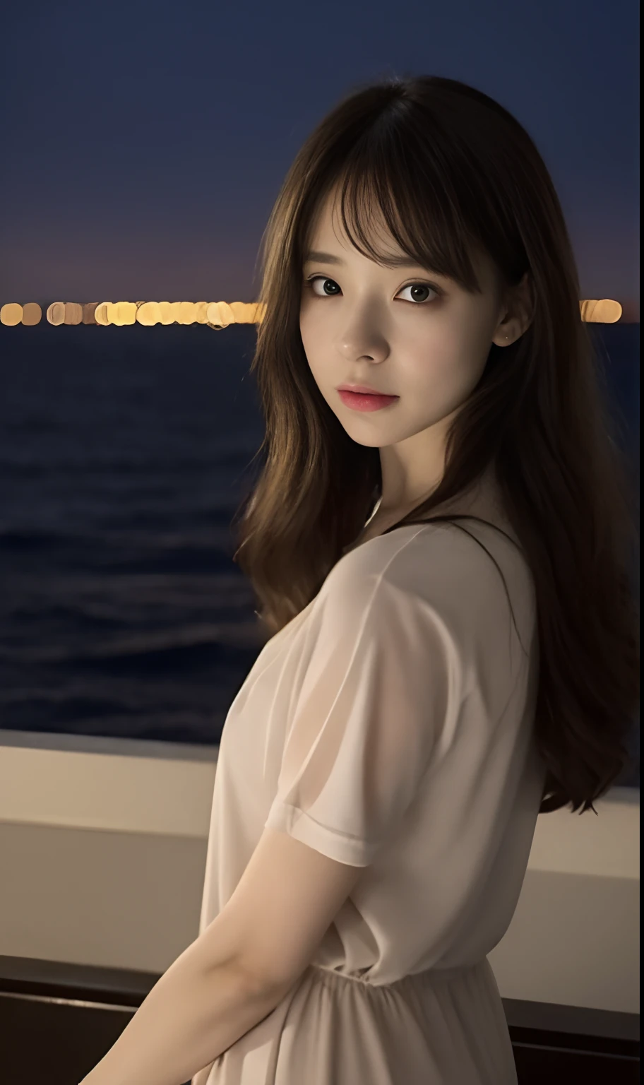 （Original photo of 8K，best qualtiy，tmasterpiece：1.2），（Medium view），the night，Night on a yacht，Sea and night view in the background，best qualtiy，tmasterpiece，（Small mouth：1.2），short- sleeved，short- sleeved，short- sleeved，short- sleeved，an extremely delicate and beautiful one，，astounding，finely detailled，tmasterpiece，Best quality at best，（age 22：1.2），Narrow waist，Slim，is shy，Pure，adolable，Bushy hair，Soft hair，big breasts beautiful，A detailed eye，（long whitr hair：1.2）