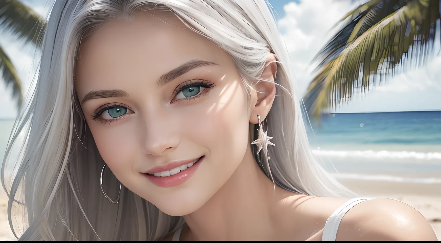 (Masterpiece, Best Quality, Photorealistic, high resolucion, photography, :1.3), (Woman in her 40s, )Close-up shots of faces, Close-up shots of faces, Close-up shots of faces, Sharp focus, (1 Girl, A European girl, Popular models), Realistic skin, Slender body type, Big breasts, (Her long, Pure white silver hair swept to the side, extremely detailed hair), Delicate sexy face, Organoleptic gases, Sparkling lips,(green pupil),(green pupil),(green pupil), ((realisitic, A hyper-realistic, realism, realistic detailed)), (Medium Tits:1.5), (White tank top T-shirt and ripped jean shorts), (A slender waist), (slim thigh), (Small hips), (Sorrisos), (seaside, waves, palm tree) (seaside, waves, palm tree), (Long straight hair), A woman is standing, (Sorrisos), (Sorrisos)