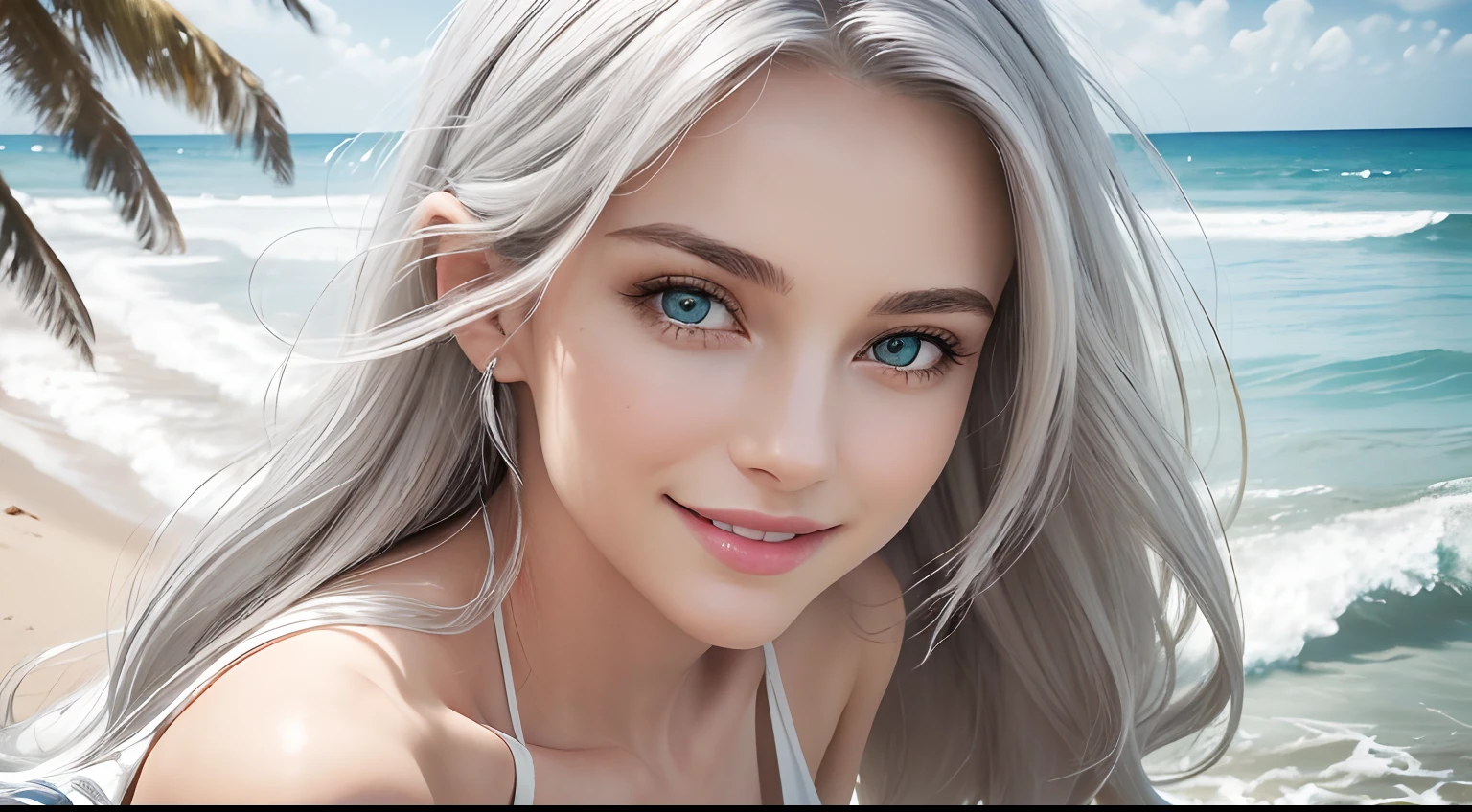 (Masterpiece, Best Quality, Photorealistic, high resolucion, photography, :1.3), (Woman in her 40s, )Close-up shots of faces, Close-up shots of faces, Close-up shots of faces,  Sharp focus, (1 Girl, A European girl, Popular models), Realistic skin, Slender body type, Big breasts, (Her long, Pure white silver hair swept to the side, extremely detailed hair), Delicate sexy face, Organoleptic gases, Sparkling lips,(green pupil),(green pupil),(green pupil), ((realisitic, A hyper-realistic, realism, realistic detailed)), (Medium Tits:1.5), (White tank top T-shirt and ripped jean shorts), (A slender waist), (slim thigh), (Small hips), (Sorrisos),  (seaside, waves, palm tree) (seaside, waves, palm tree), (Long straight hair), A woman is standing, (Sorrisos), (Sorrisos)
