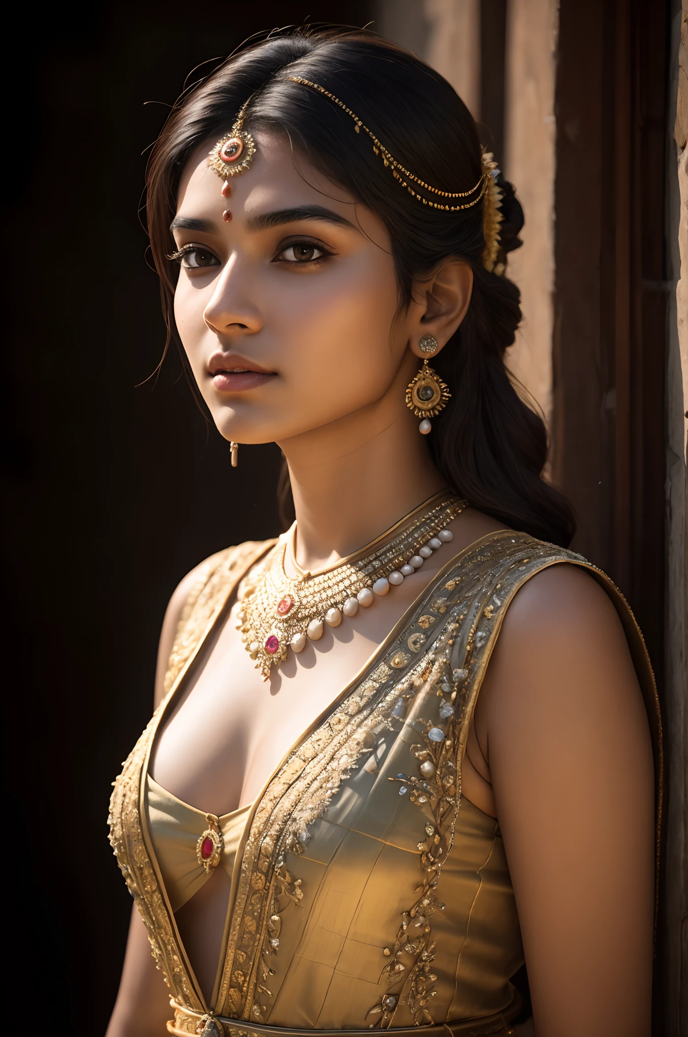 young Indian girl, 18-year-old, old looking top, 100 AD style dress, gentle lighting, intricate facial details, flawless complexion,full body picture, top-notch 3D rendering, hyper-realistic, photorealistic digital art trending on Artstation 8k HD high definition detailed realistic, detailed, skin texture, hyper detailed, realistic skin texture, armature, best quality, ultra high res, (photorealistic:1.4),, high resolution, detailed, raw photo, 400 camera f1.6 lens rich colors hyper realistic lifelike texture dramatic lighting