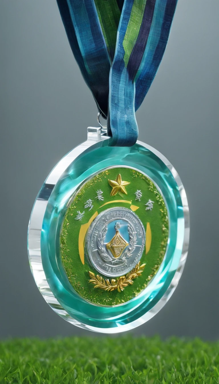 Glass round medal。 Acrylic material。Place vertically on the grass in the middle of the stadium on the runway。Athletics field。Sense of space