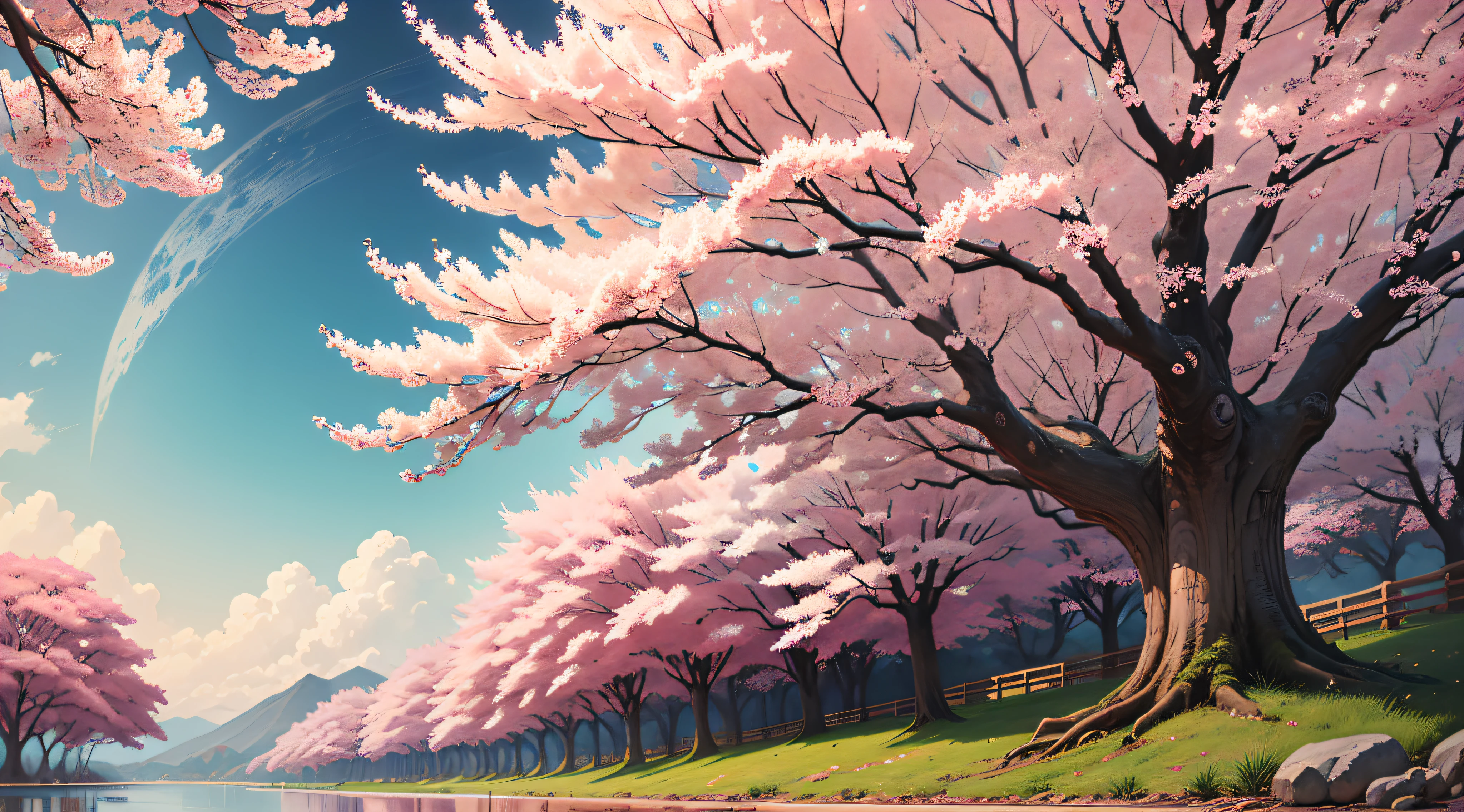 ukiyoe painting、Katsumi set、​masterpiece、top-quality、An ultra-high picture quality、4K picture quality、super precision、Illustration of cherry blossoms in full bloom、large tree、beautiful gradients、Background blur