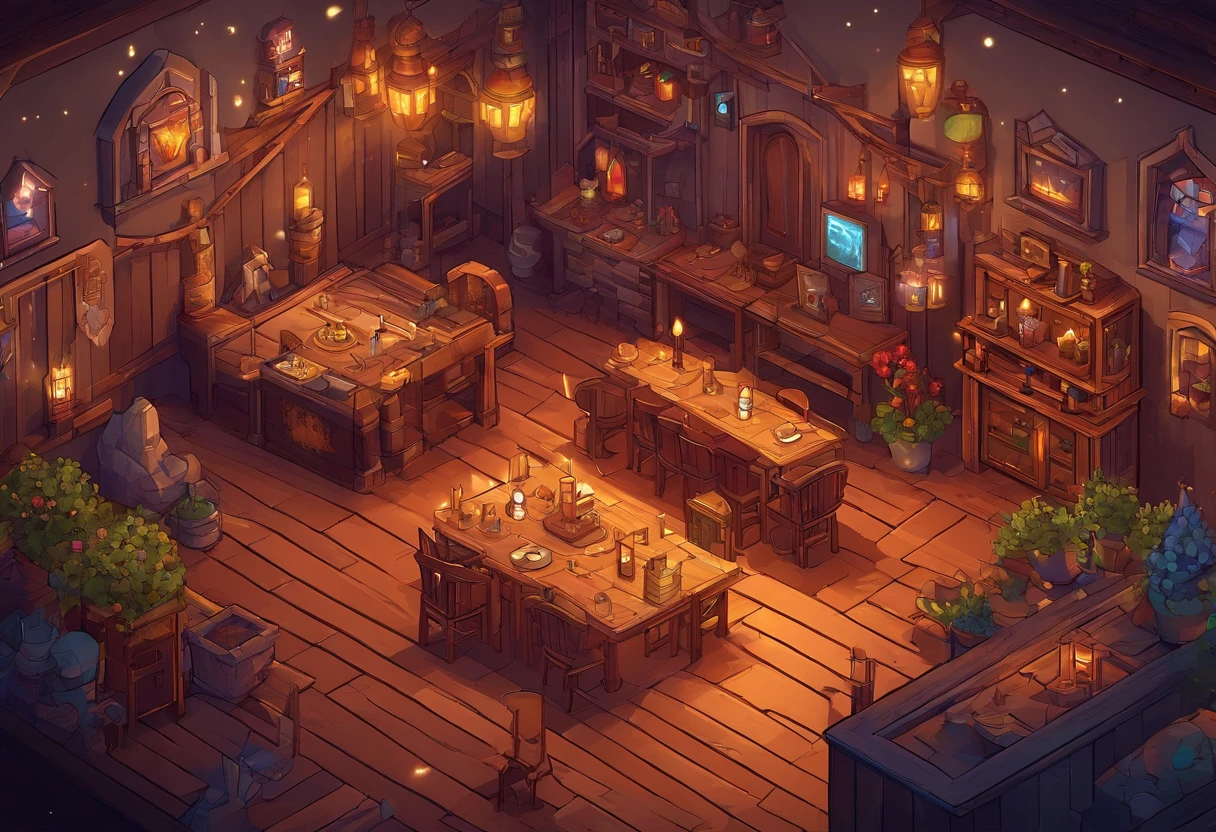 fantasy tavern interior, space tavern, rustic, artifacts on the walls, showcase artifacts, tavern patrons, dark tavern, space outside windows, space theme, ((silvery space flora, space flora)), space background, night time outside, fireplace, hearth, (((rainbow fire))), magical fire