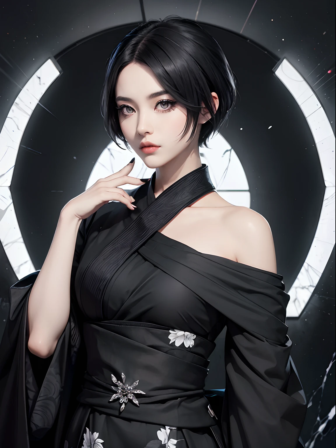 Black and white marble pattern kimono dress、Black eyeliner and black eyeshadow、A detailed face、detailed facial expression、Shoot from the waist up、Dynamic Posing、Fancy makeup、See-through stall、Platinum Color Hair、short-hair、