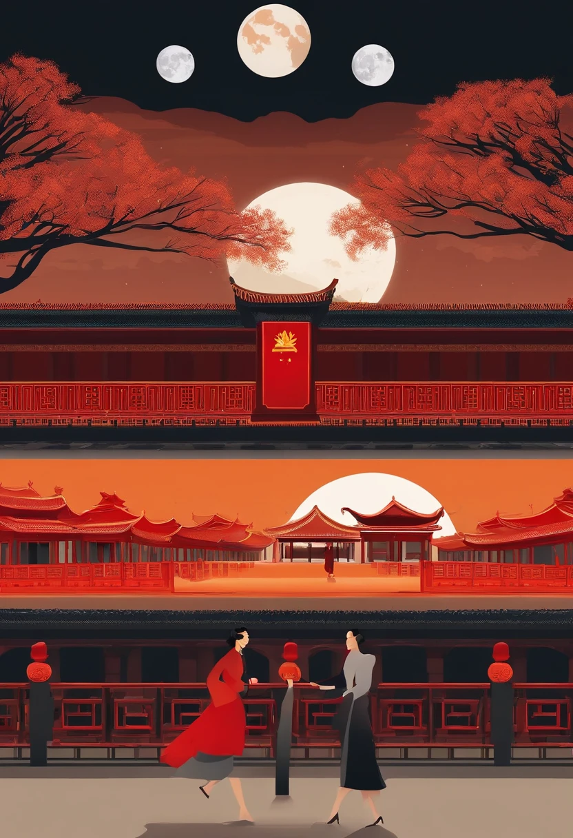 The Moon and Tiananmen，best qualtiy，Warm colors，Red-orange main color，The delegation was festive、Homely atmosphere，