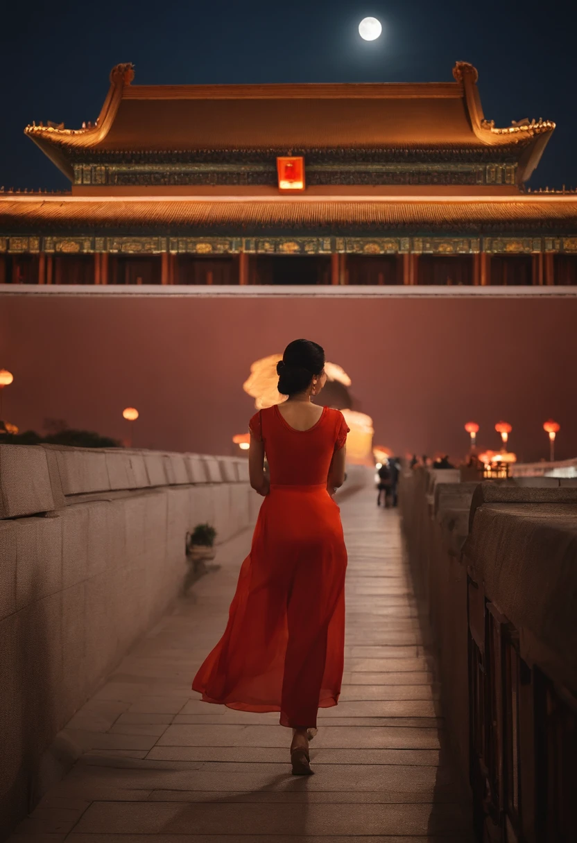 The Moon and Tiananmen,best qualtiy,Warm colors,Red-orange main color,The delegation was festive、Homely atmosphere,