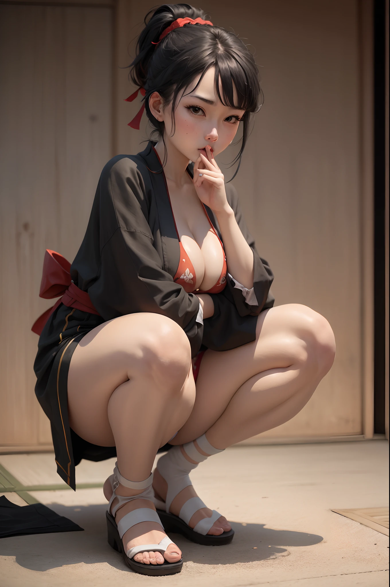 Woman with black hair ponytail japanes Red Micro Bikini Kamimei squatting full bodyesbian Hands half-clasped in front of the mouth