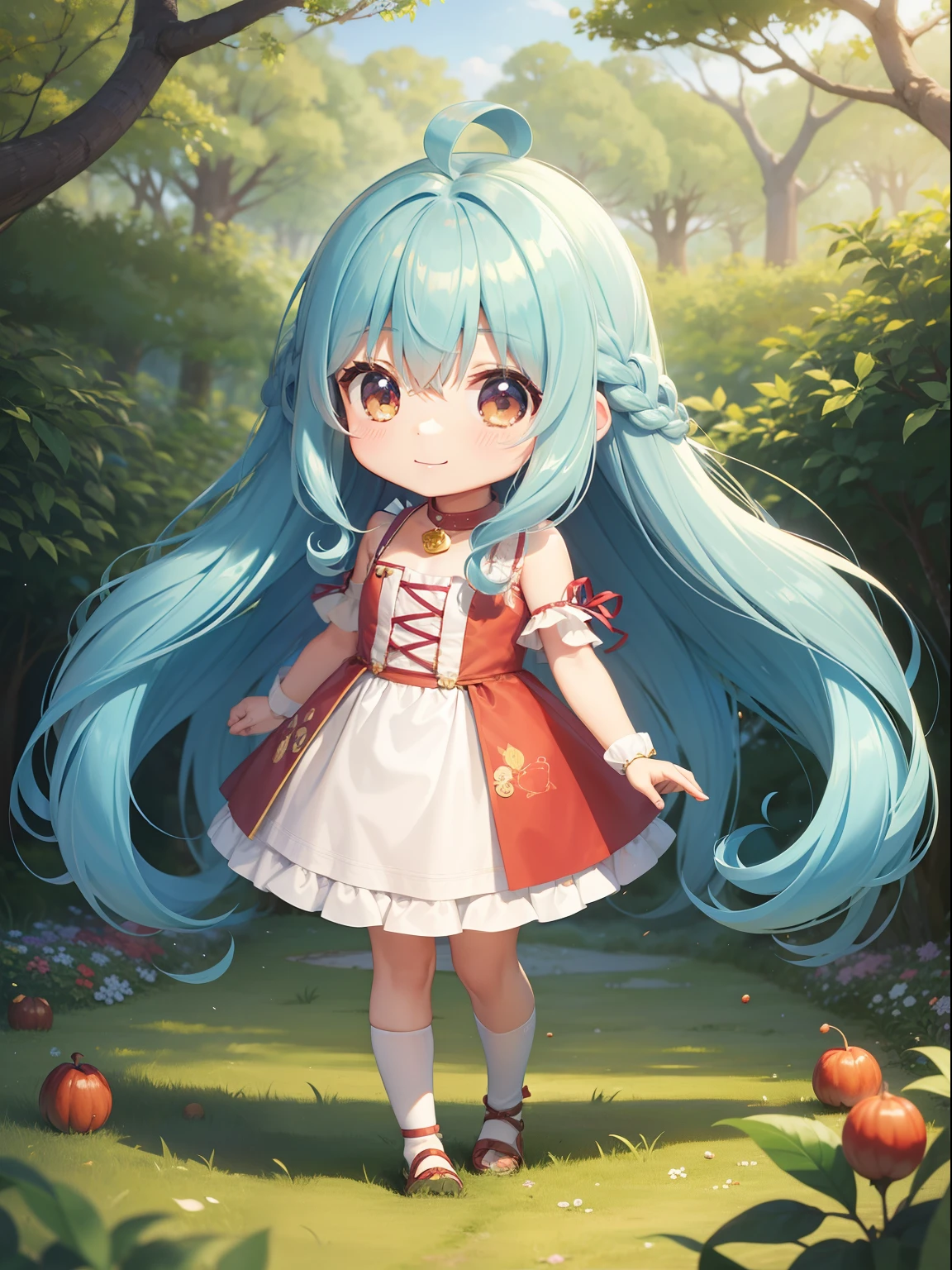 Chibichara　Picking chestnuts in a chestnut grove　long hair with blue hair((Chibi Chara))、A charming smile、Fluffy、girl with、Chibi Chara、Friends of the Forest、full body Esbian、Pastel colors hair、masutepiece、top-quality、