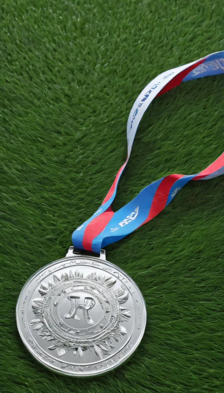 Glass round medal。 Acrylic material。Place vertically on the grass in the middle of the stadium on the runway。Athletics field。Sense of space