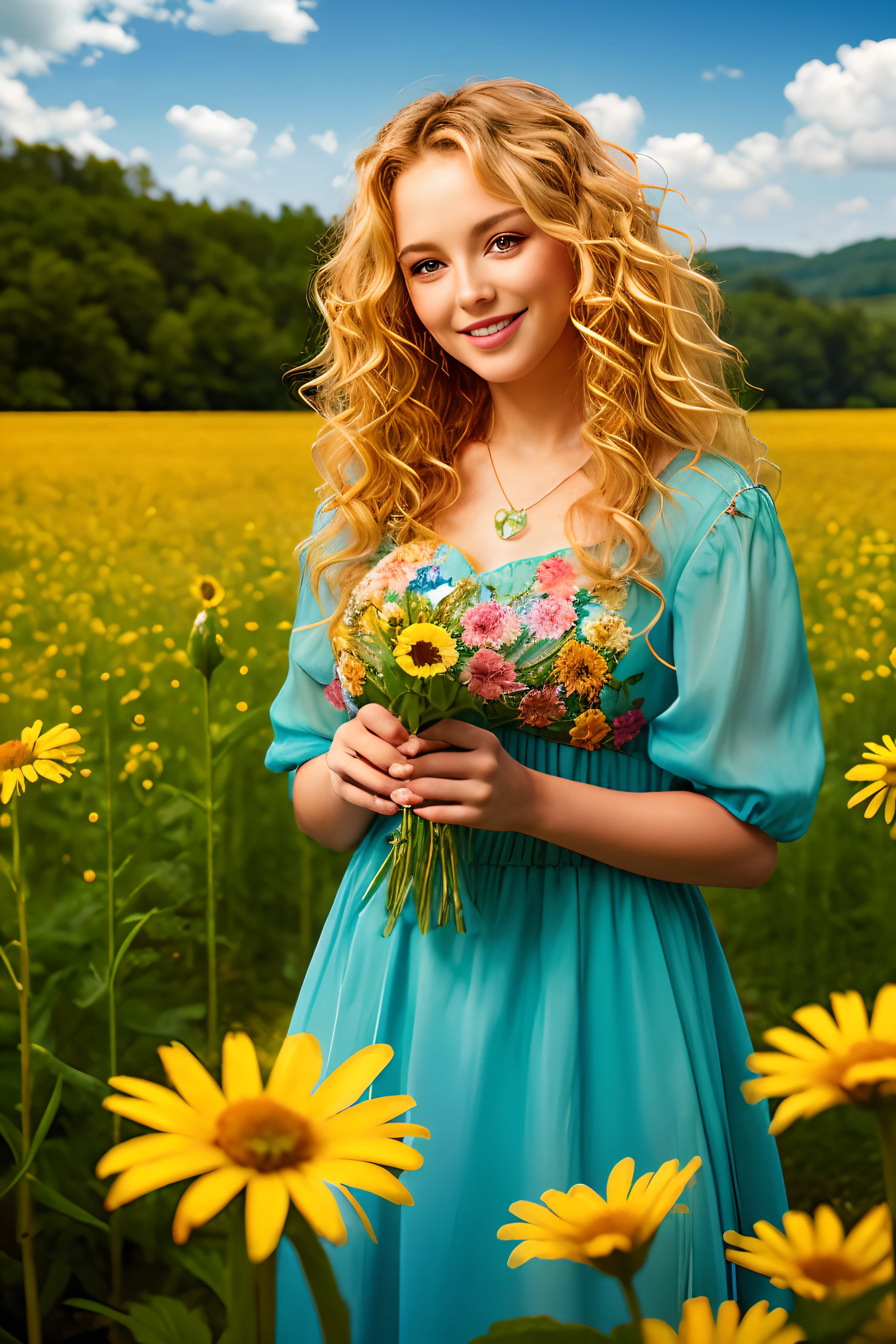 (dynamic pose:1.2),(dynamic camera),photo RAW,((close-up:1.3),young_woman in dress,Embroidery,belorussin,long blonde curly hair, standing on flowers field, big cornflowers in foreground (bokeh:1.2)), masterpiece, award winning photography, lighting, perfect composition, high detail, hyper realistic,dramatic lighting, epic, green dress with yellow flowers pattern on it, smilling, waving flowers in hands above her head