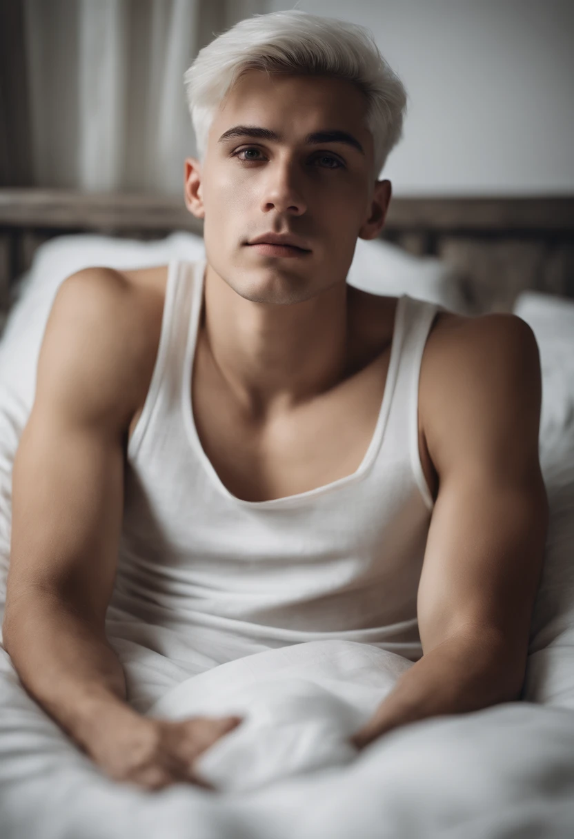 20-year-old male with white hair, two block haircut , dressed in a plain white tank top, lying on a bed, pensive expression