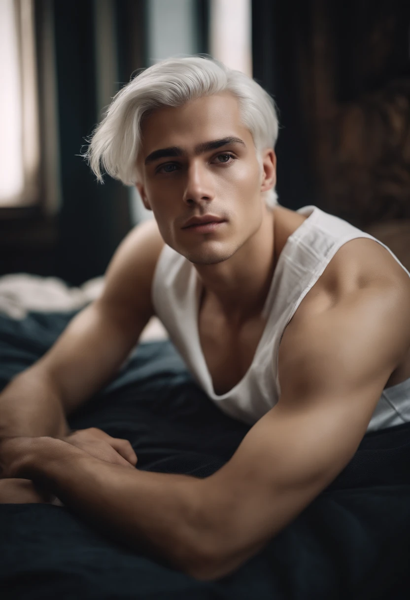 20-year-old male with white hair, two block haircut , dressed in a plain white tank top, lying on a bed, pensive expression