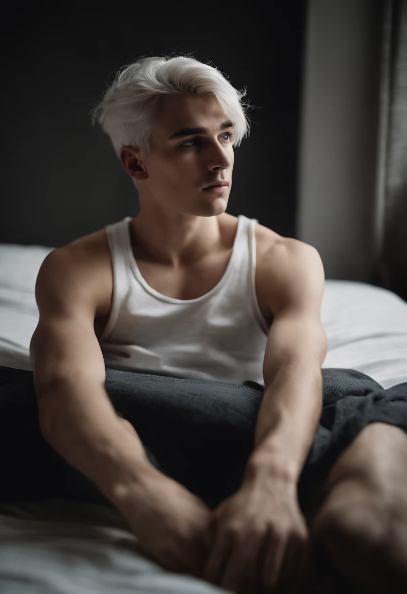 20-year-old male with white hair, two block haircut , dressed in a plain white tank top, lying on a bed, pensive expression