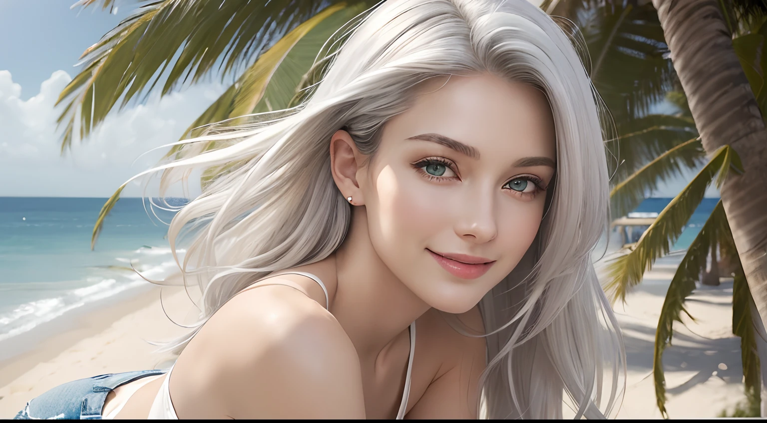 (Masterpiece, Best Quality, Photorealistic, high resolucion, photography, :1.3), (Woman in her 40s, )Close-up shots of faces, Close-up shots of faces, Close-up shots of faces, Sharp focus, (1 Girl, A European girl, Popular models), Realistic skin, Slender body type, Big breasts, (Her long, Pure white silver hair swept to the side, extremely detailed hair), Delicate sexy face, Organoleptic gases, Sparkling lips,(green pupil),(green pupil),(green pupil), ((realisitic, A hyper-realistic, realism, realistic detailed)), (Medium Tits:1.5), (White tank top T-shirt and ripped jean shorts), (A slender waist), (slim thigh), (Small hips), (Sorrisos), (seaside, waves, palm tree) (seaside, waves, palm tree), (Long straight hair), A woman is standing, (Sorrisos), (Sorrisos)