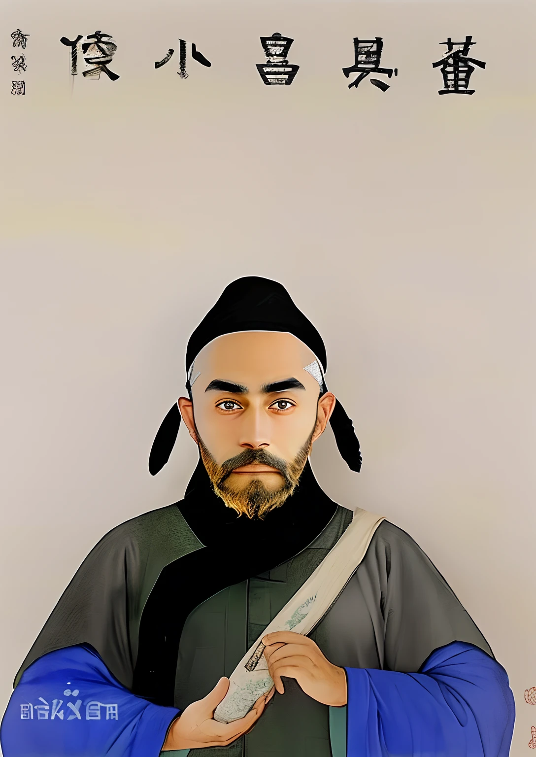 Soft eyes,Bazi beard,Flat two-leaf cap,High and low eyebrows,The beard is slightly separated and dense