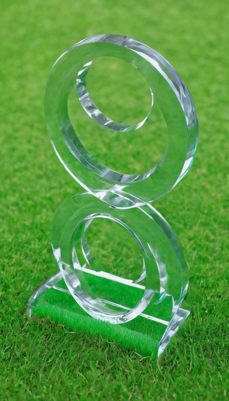 Glass round medal。 Acrylic material。Place vertically on the grass in the middle of the stadium on the runway。Athletics field。Sense of space